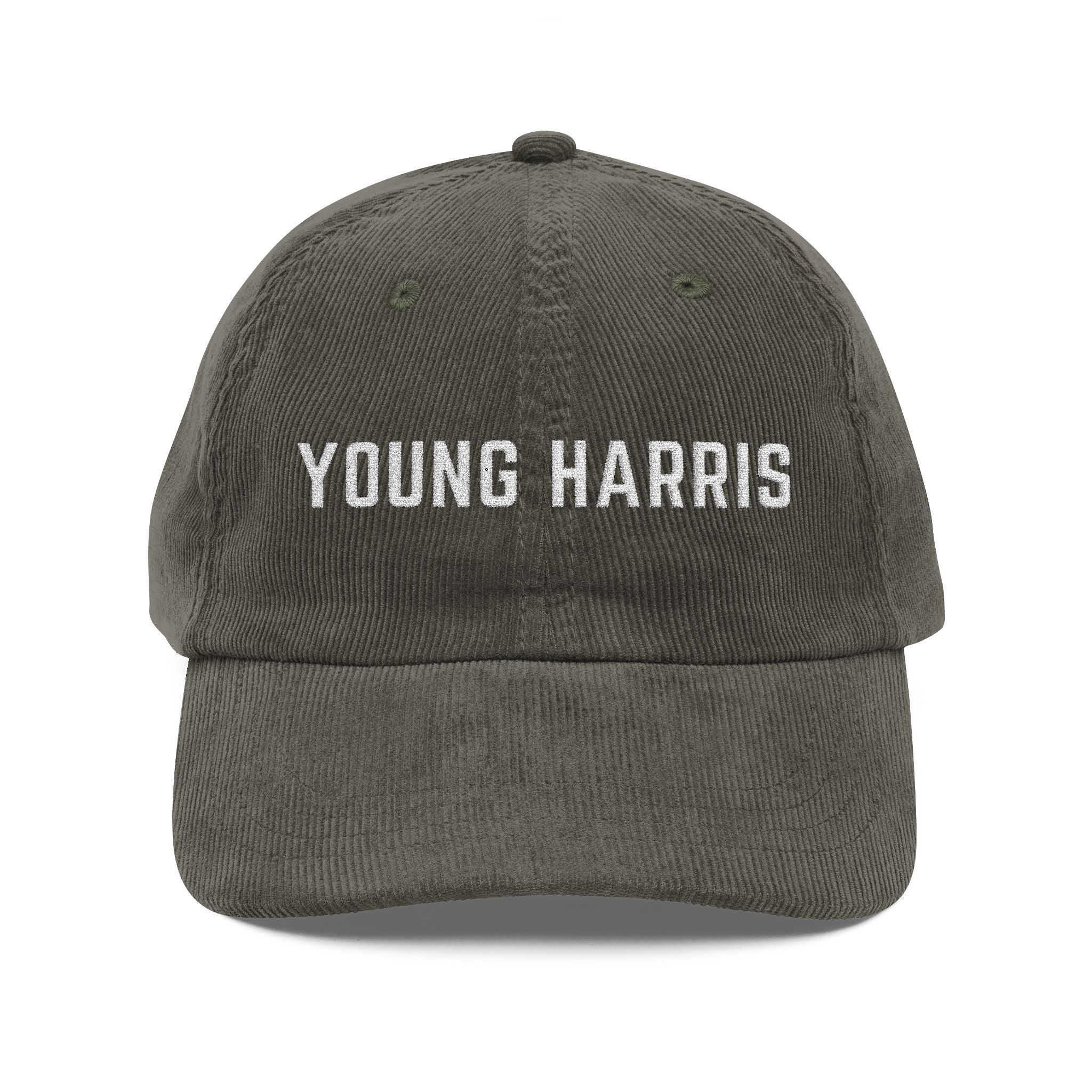 Olive corduroy hat with white 'YOUNG HARRIS' text embroidered by 515Gear.com