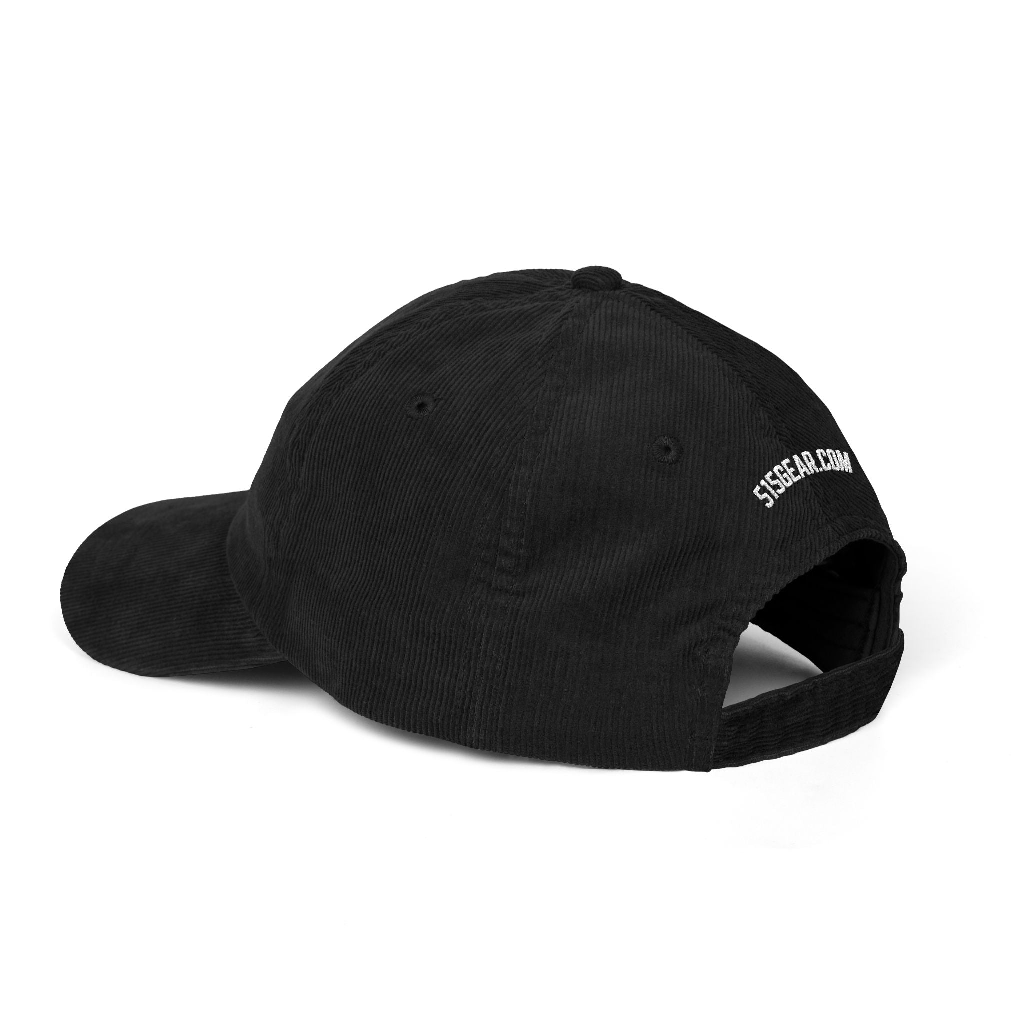 Black corduroy hat with buckle and 515Gear.com embroidered in white on the back
