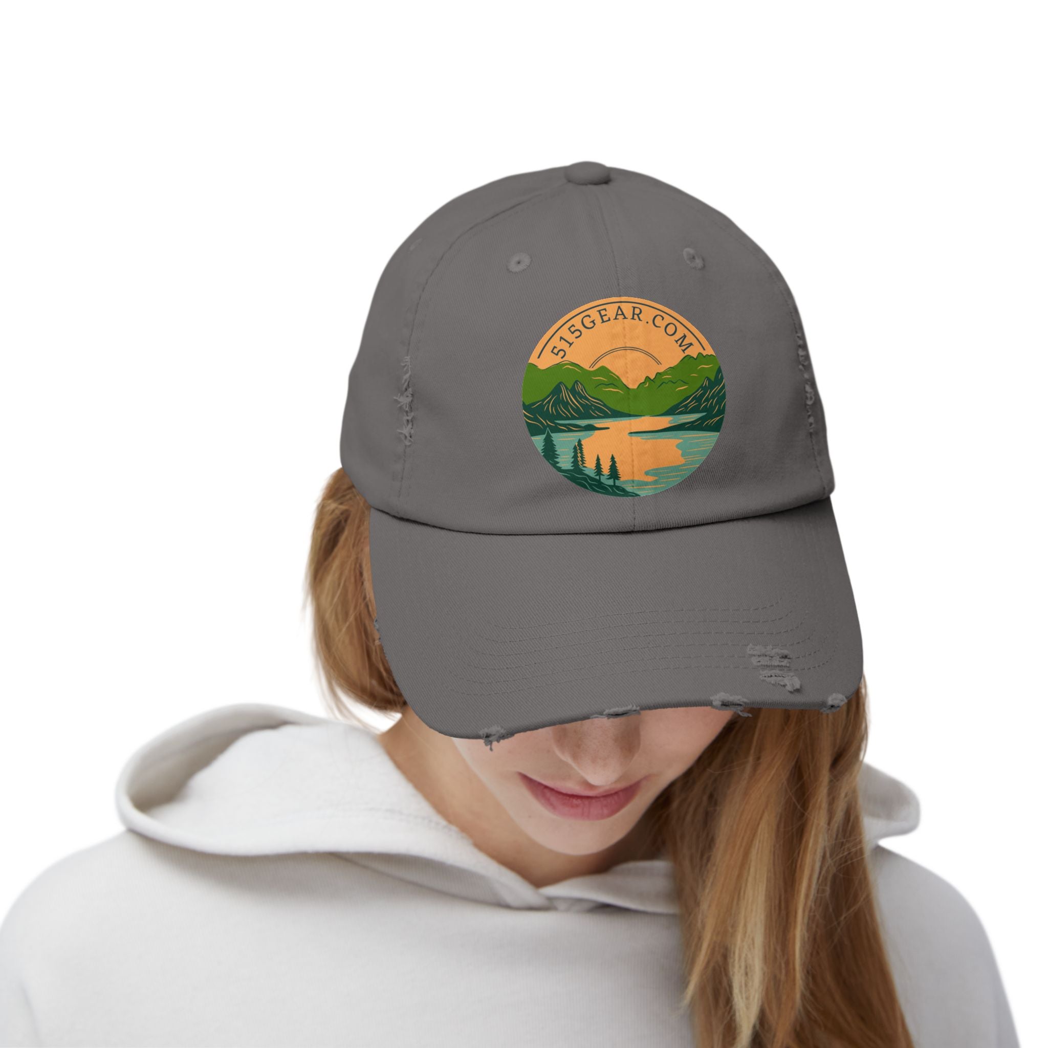 Distressed Baseball cap, 515 Gear Adventure Awaits Logo | by 515Gear.com | Come sit by the lake!