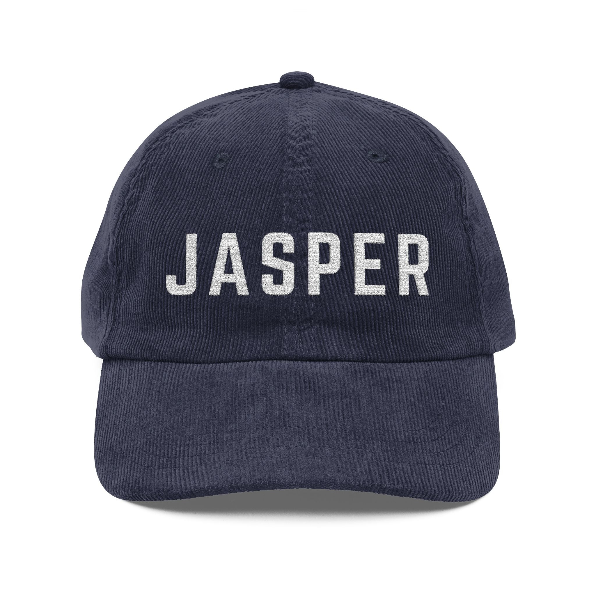 Navy Blue corduroy hat with JASPER embroidered in white by 515Gear.com