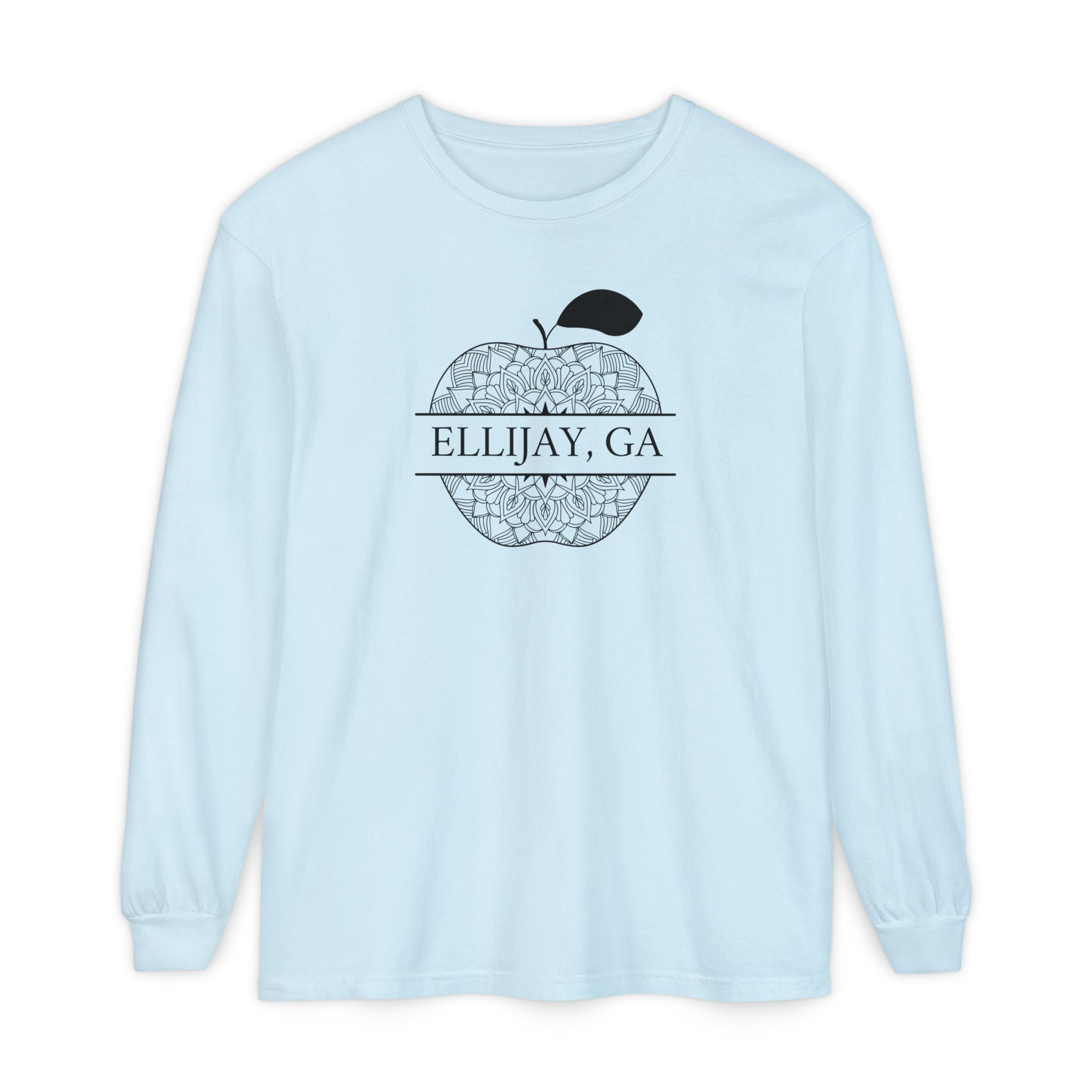 Light Blue Comfort Color long sleeve t-shirt with an apple design and 'Eliijay, GA' text