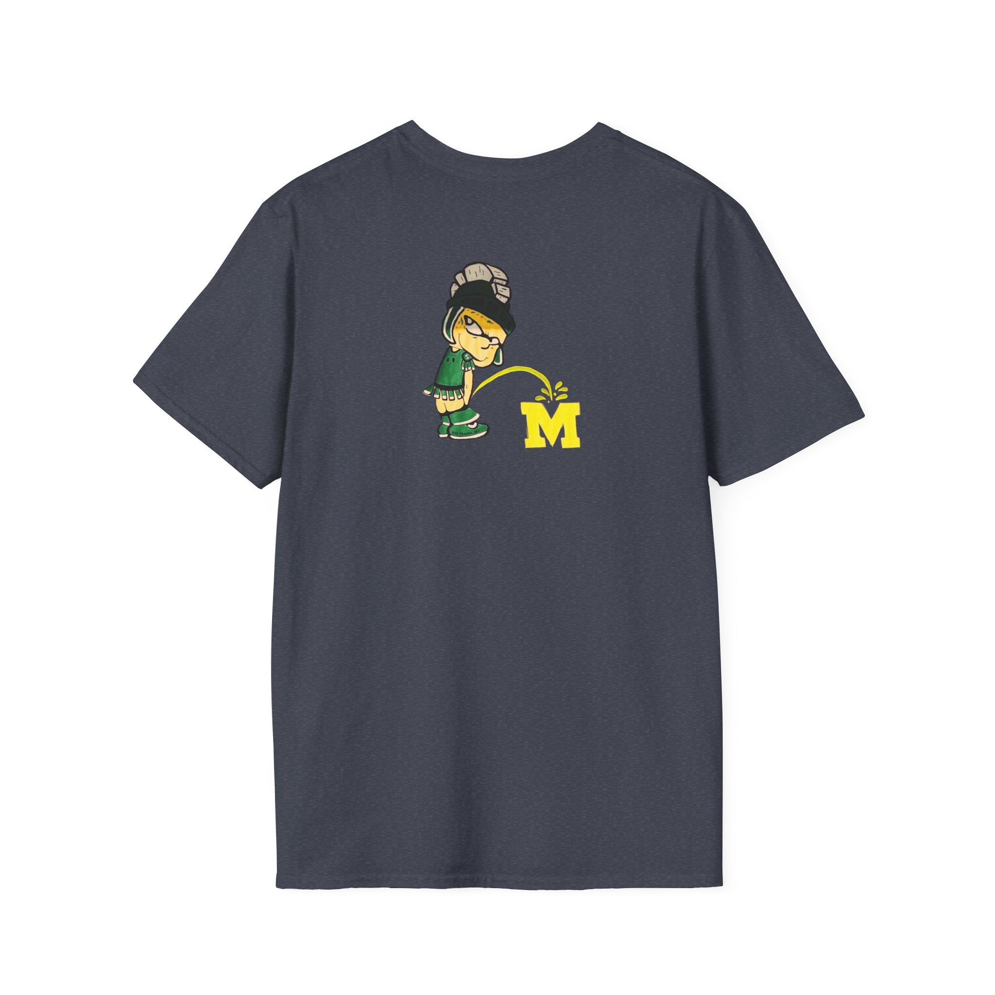 Gray t-shirt with cartoon Sparty peeing with text Always Spartan