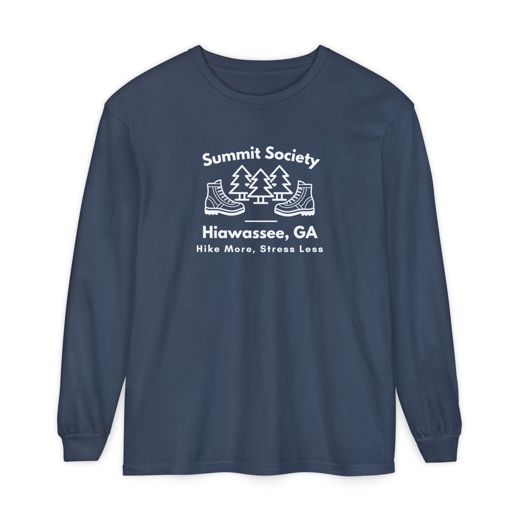 Long-sleeve t-shirt, 'Summit Society Hiawassee, GA Hike More, Stress Less' printed on the front.