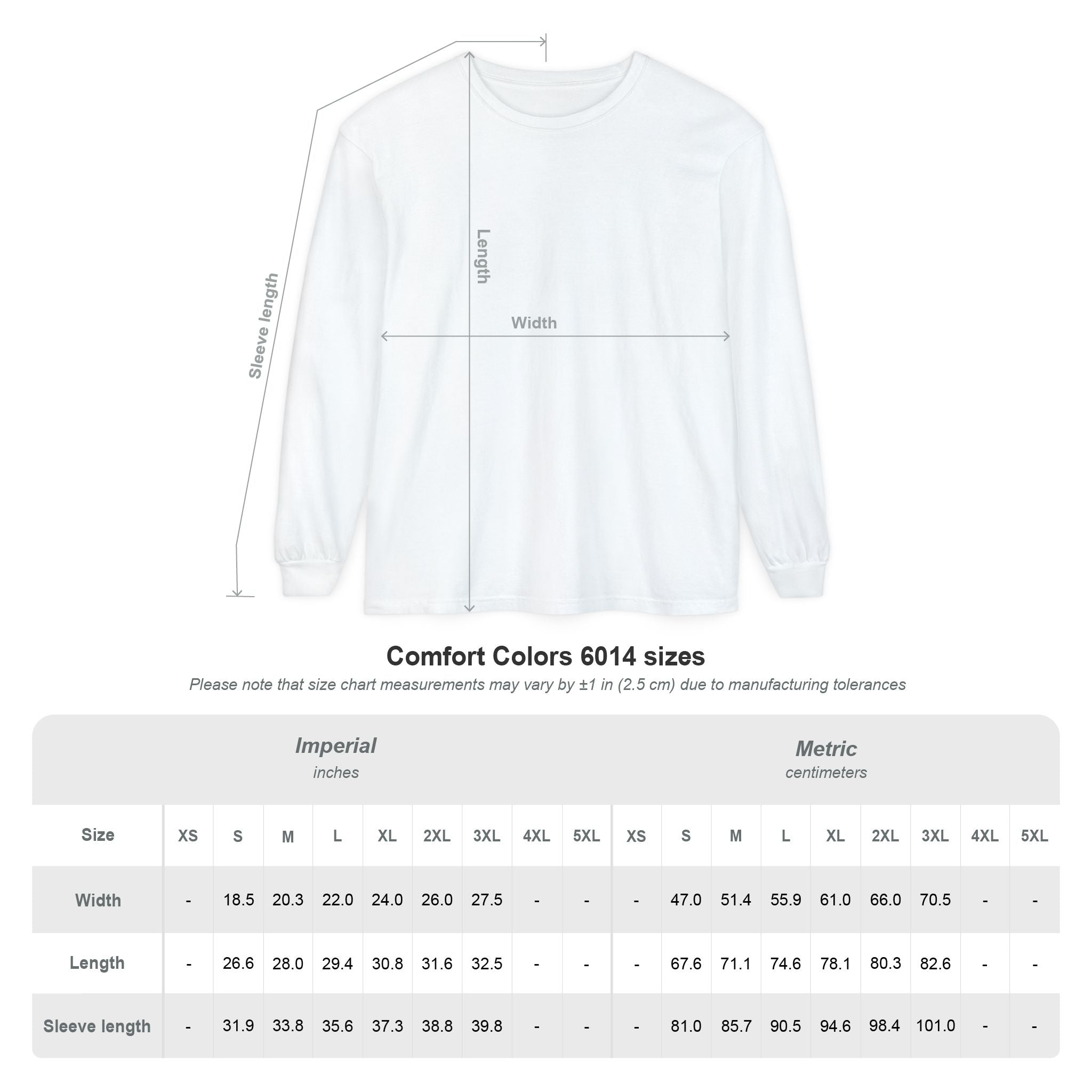 White sweatshirt with measurement chart on a white background