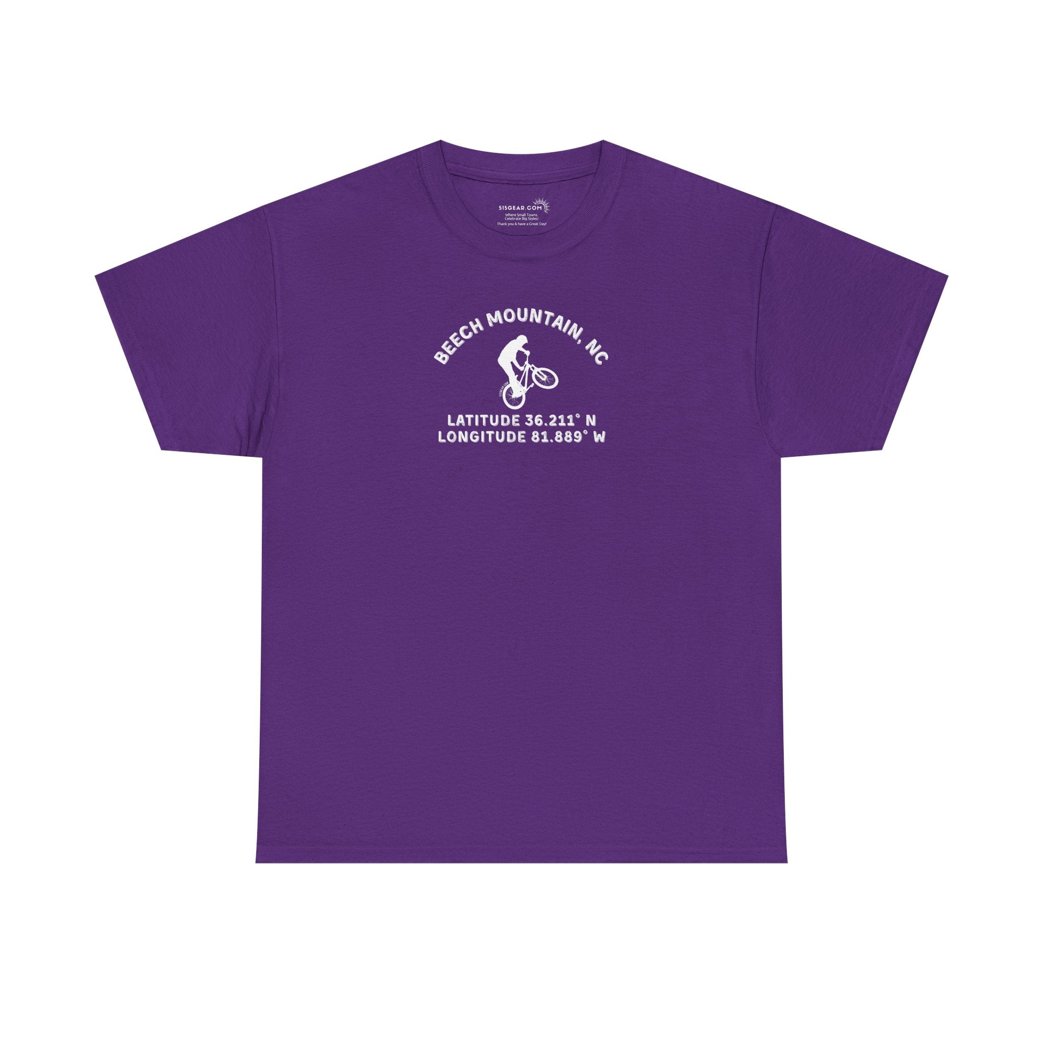 Purple t-shirt with mountain bike graphic and text "Beech Mountain, NC" along with Latitude and Longitude" coordinates