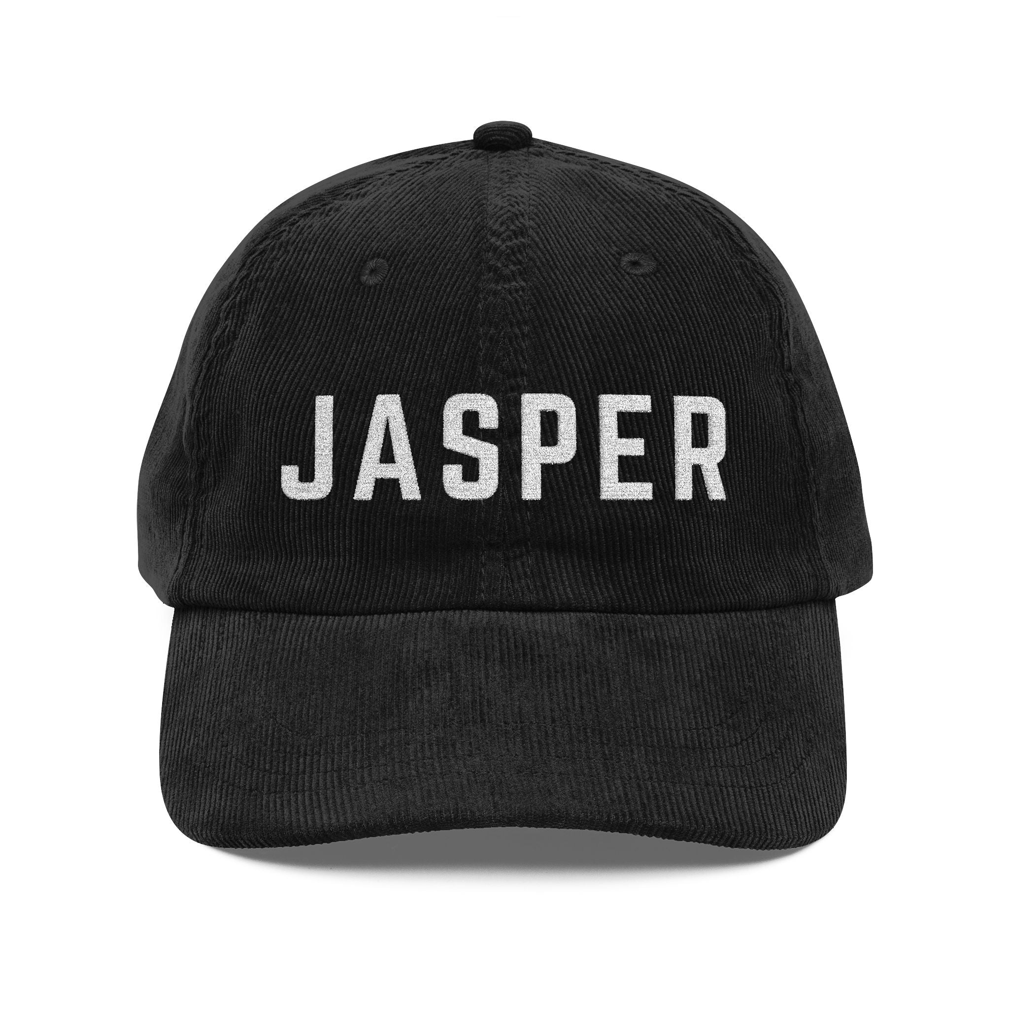 Black corduroy hat with JASPER embroidered in white by 515Gear.com