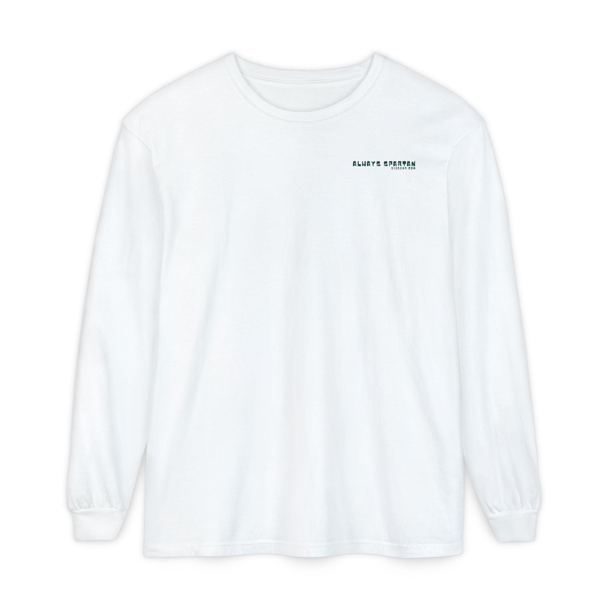 White sweatshirt with cartoon Sparty peeing and text Always Spartan