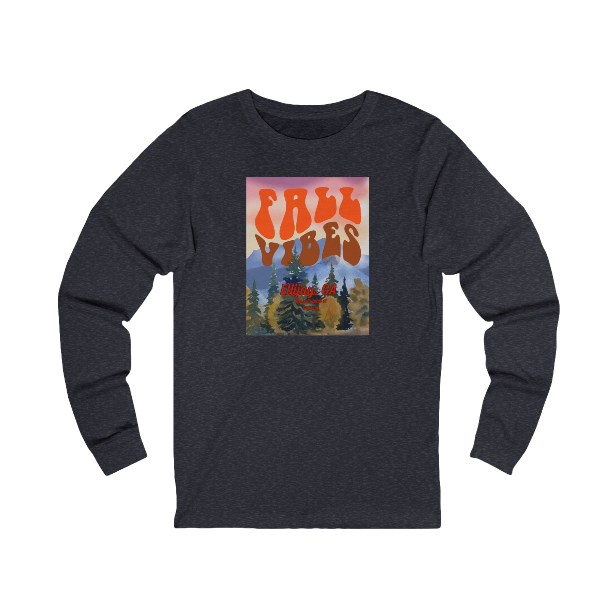 Black long-sleeve shirt with outdoors graphic and text 'Fall Vibes Ellijay GA - Apple Capital of Georgia"
