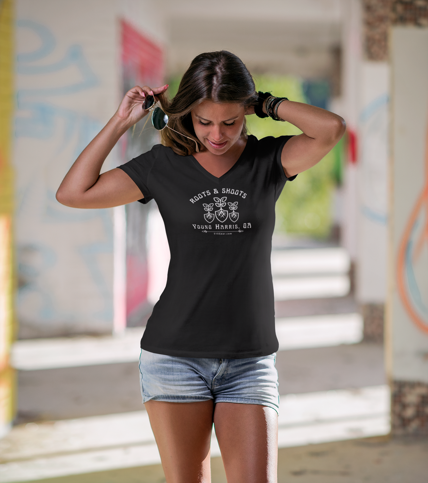 Women’s V-Neck T-shirt, Roots & Shoots, Garden shovel root leaf graphic, 515Gear.com | Young Harris, GA | celebrate gardening