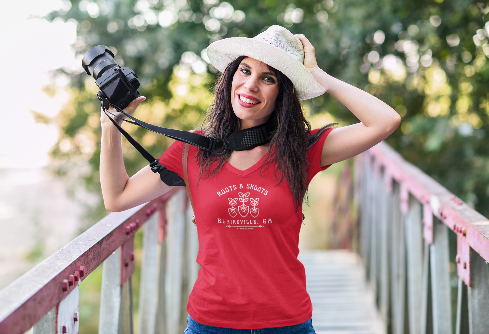 Blairsville, GA, Roots & Shoots, Gardening shovel root leaf graphic, Women's adult V-Neck Red T-Shirt by 515Gear.com