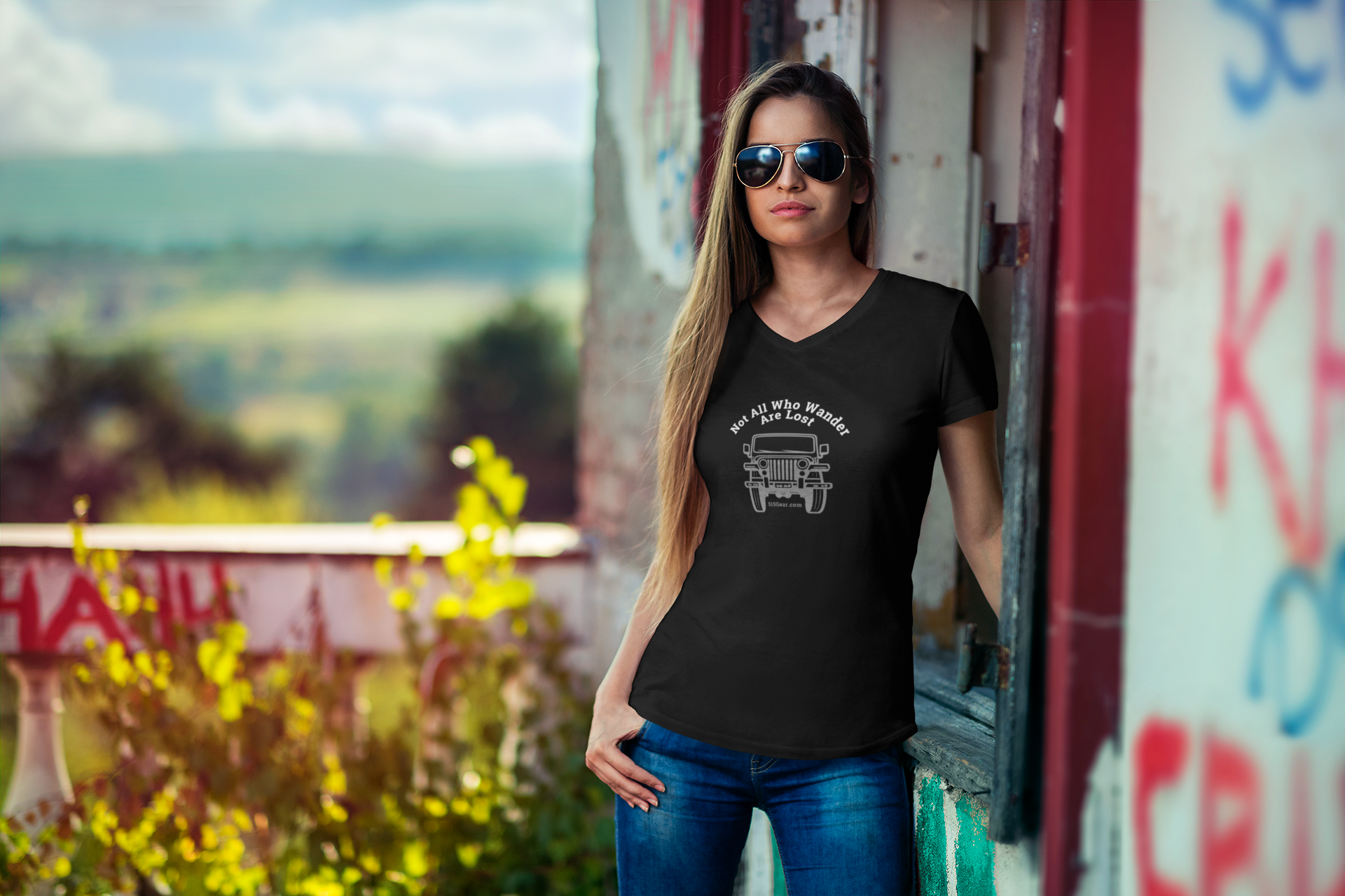 Not all who wander are Lost, Jeep graphic, Women's adult V-Neck T-Shirt by 515Gear.com