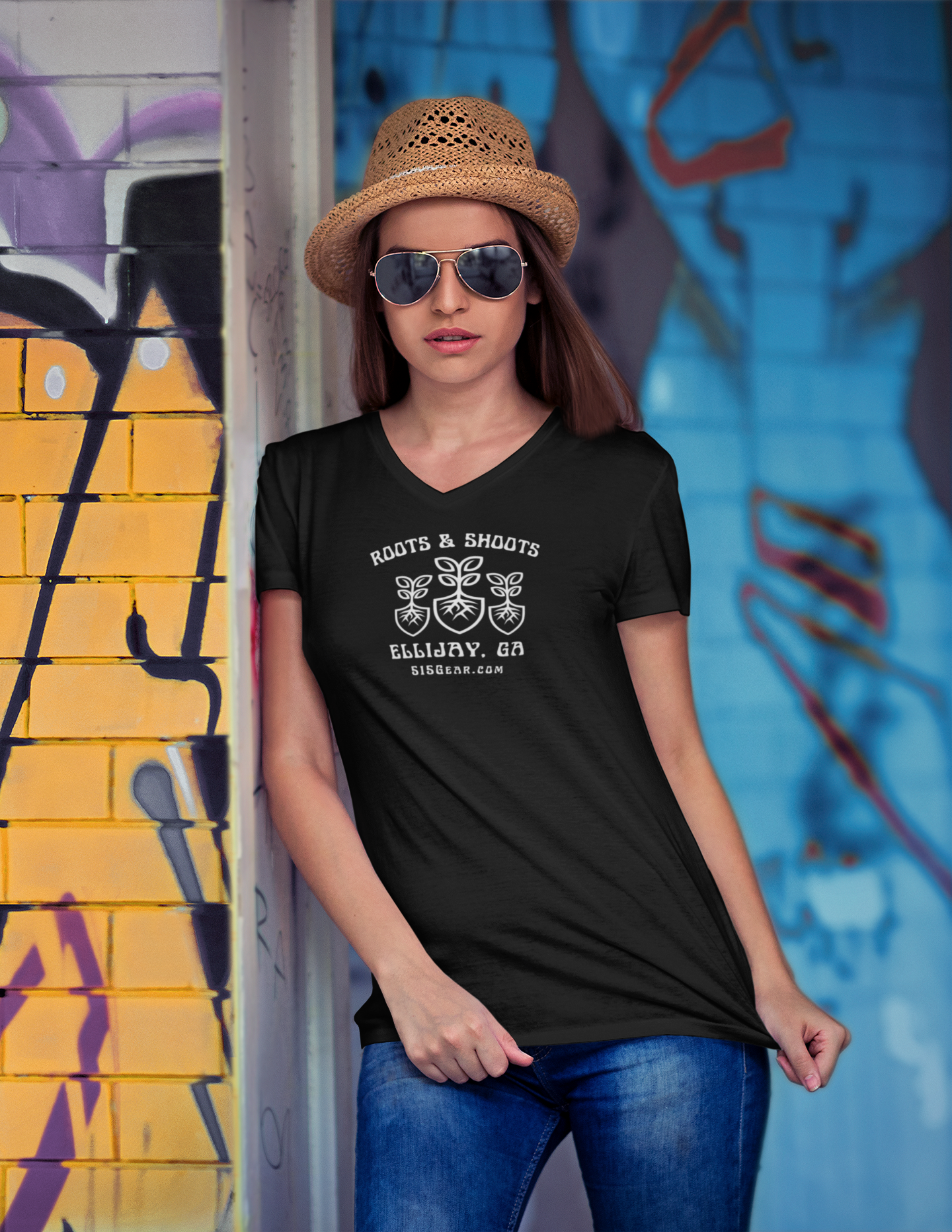 Ellijay, GA, Roots & Shoots, Gardening shovel root leaf graphic, Women's adult V-Neck T-Shirt by 515Gear.com