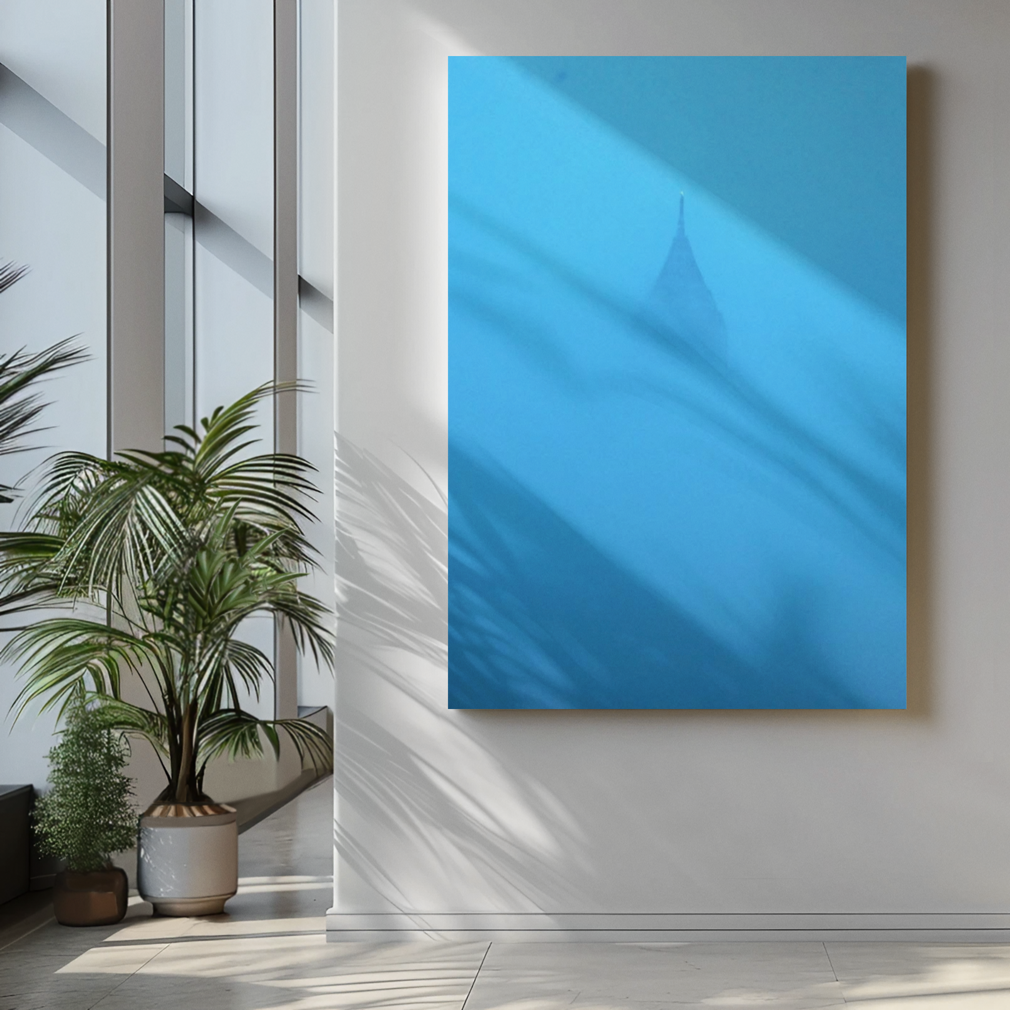 Surreal blue fogged Atlanta sky scraper wall print on a white wall