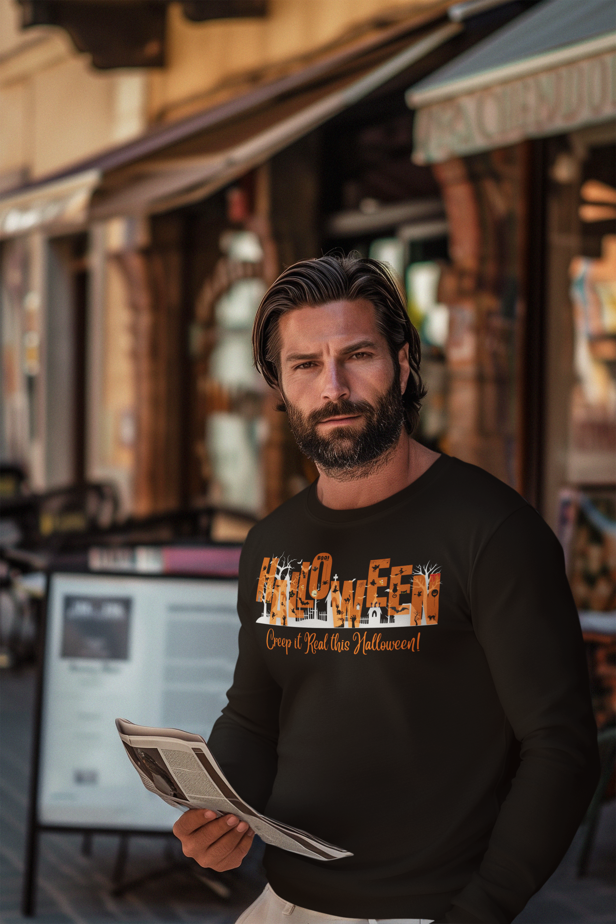 Man wearing a unisex long sleeve t-shirt with halloween graphic of a cemetery and larger text "Halloween" and small text "Creep It Real This Halloween" by 515Gear.com