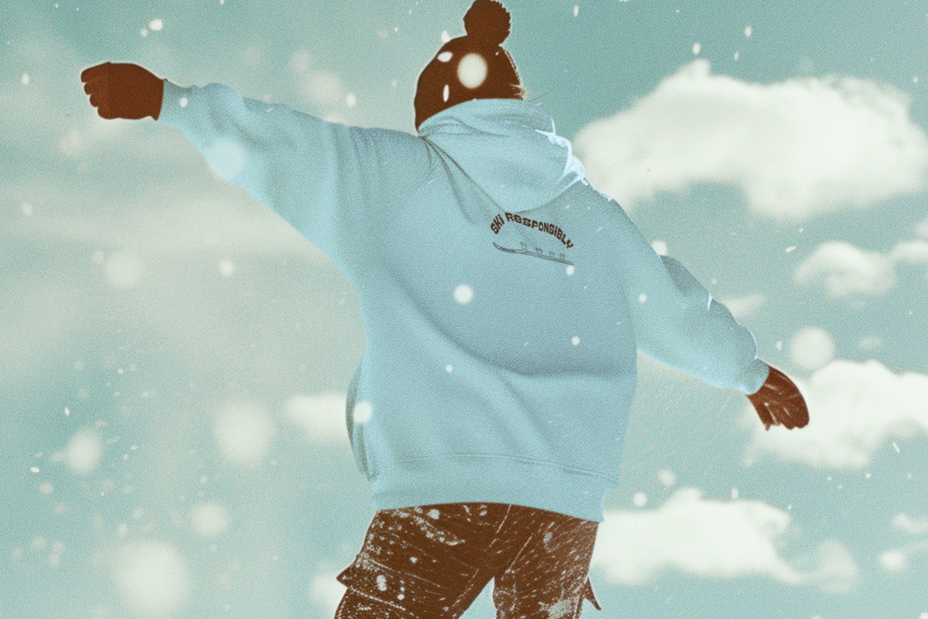 Person snowboarding wearing a light blue hoodie with text on the back "Ski Responsibly" and graphic of a Shotski