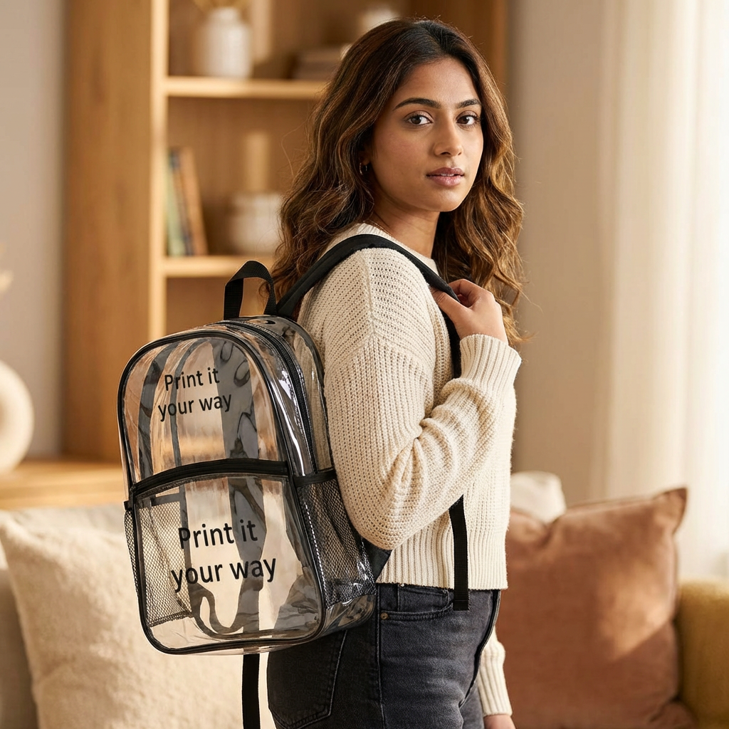 Woman holding a clear customizable concert backpack