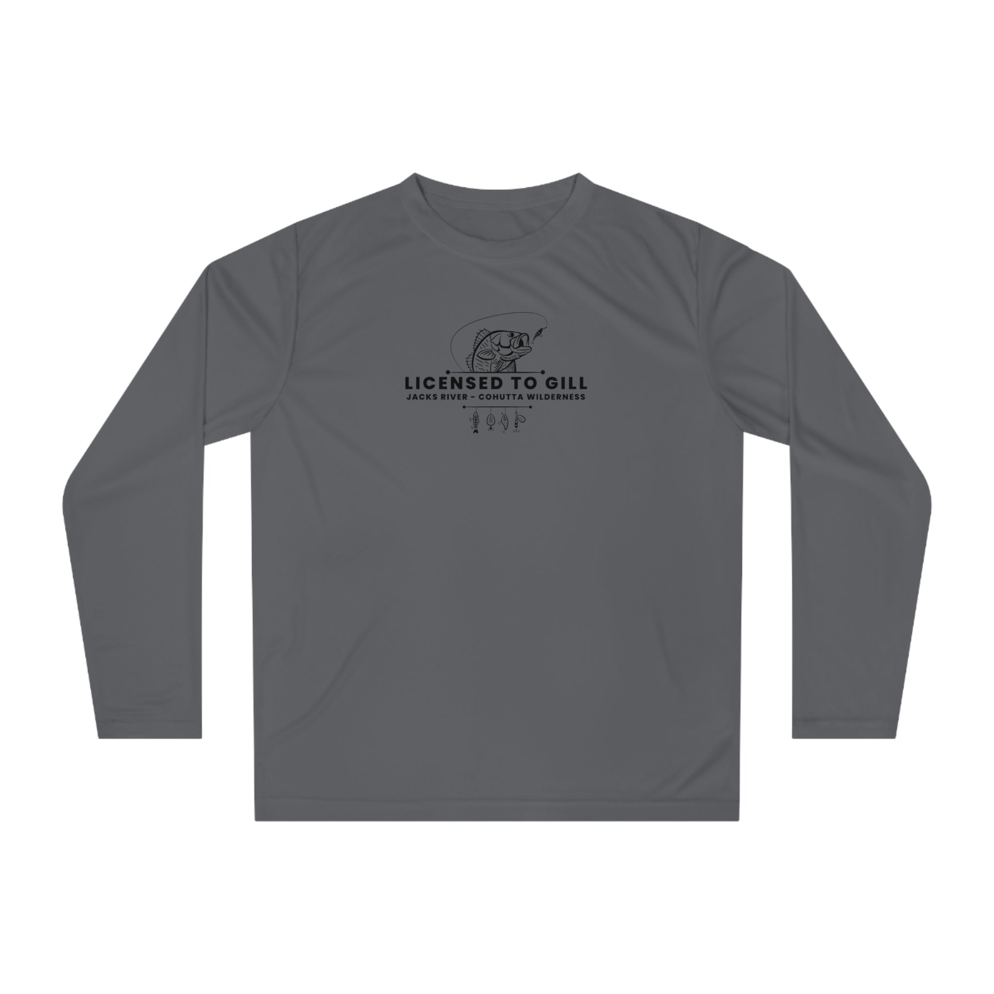 Gray long-sleeve shirt with 'Licensed to Gill' text and fishing graphic on a white background