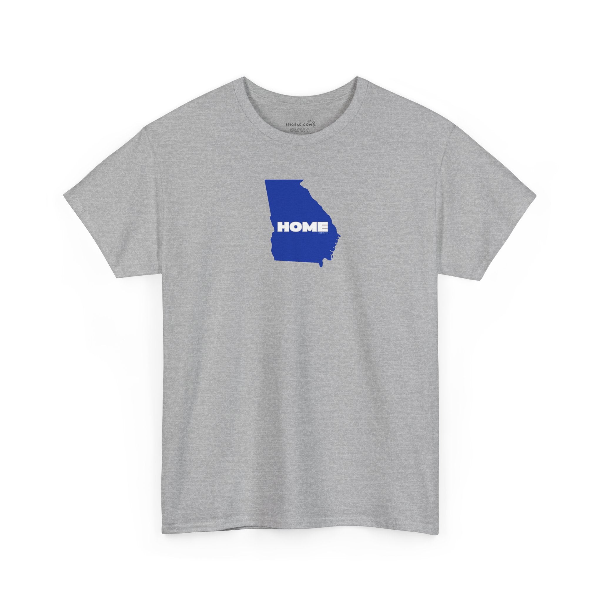 Gray Unisex Heavy Cotton Tee, 100% cotton with State of Georgia graphic and text "HOME" in college colors (Georgia State University)