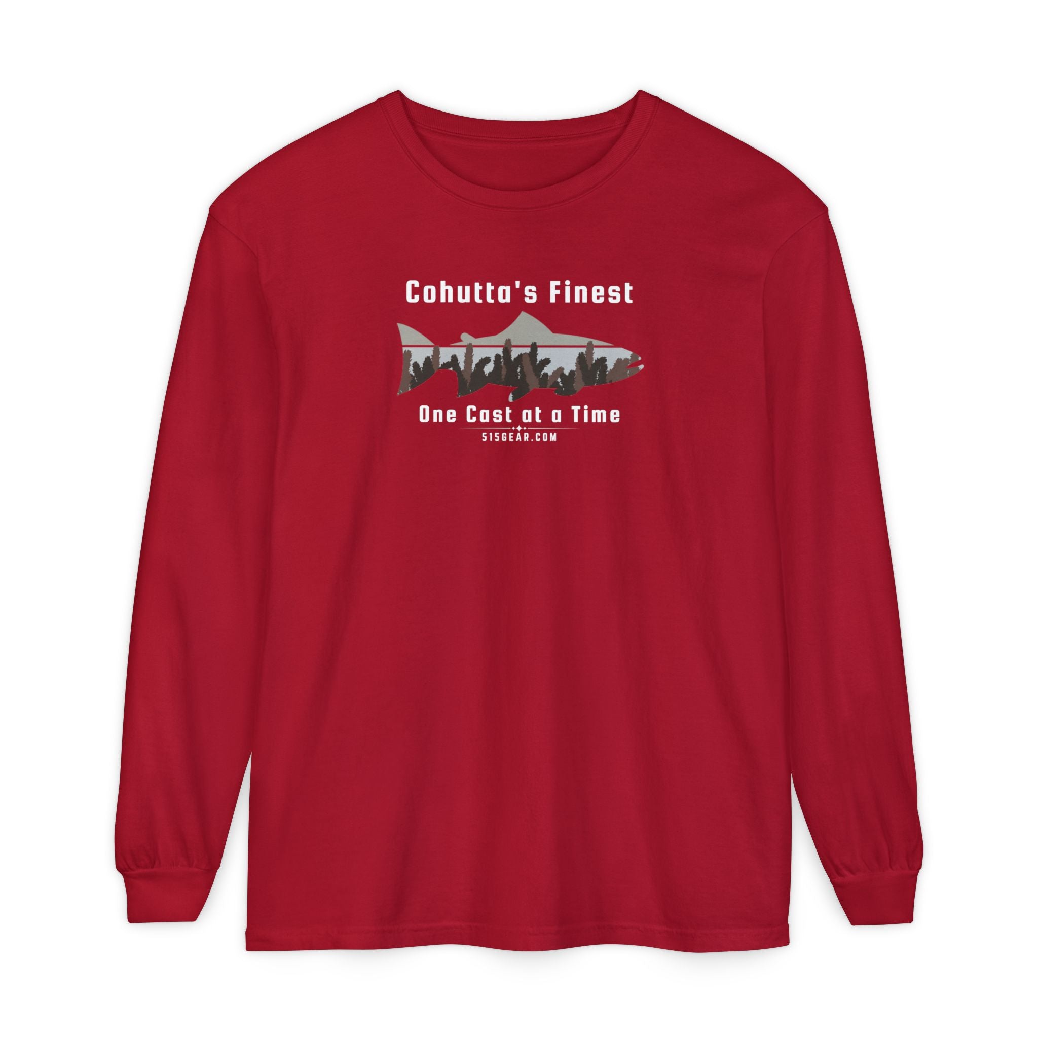Red long-sleeve shirt with a fishing-themed design saying Cohutta's finest One Cast at a Time by 515Gear.com