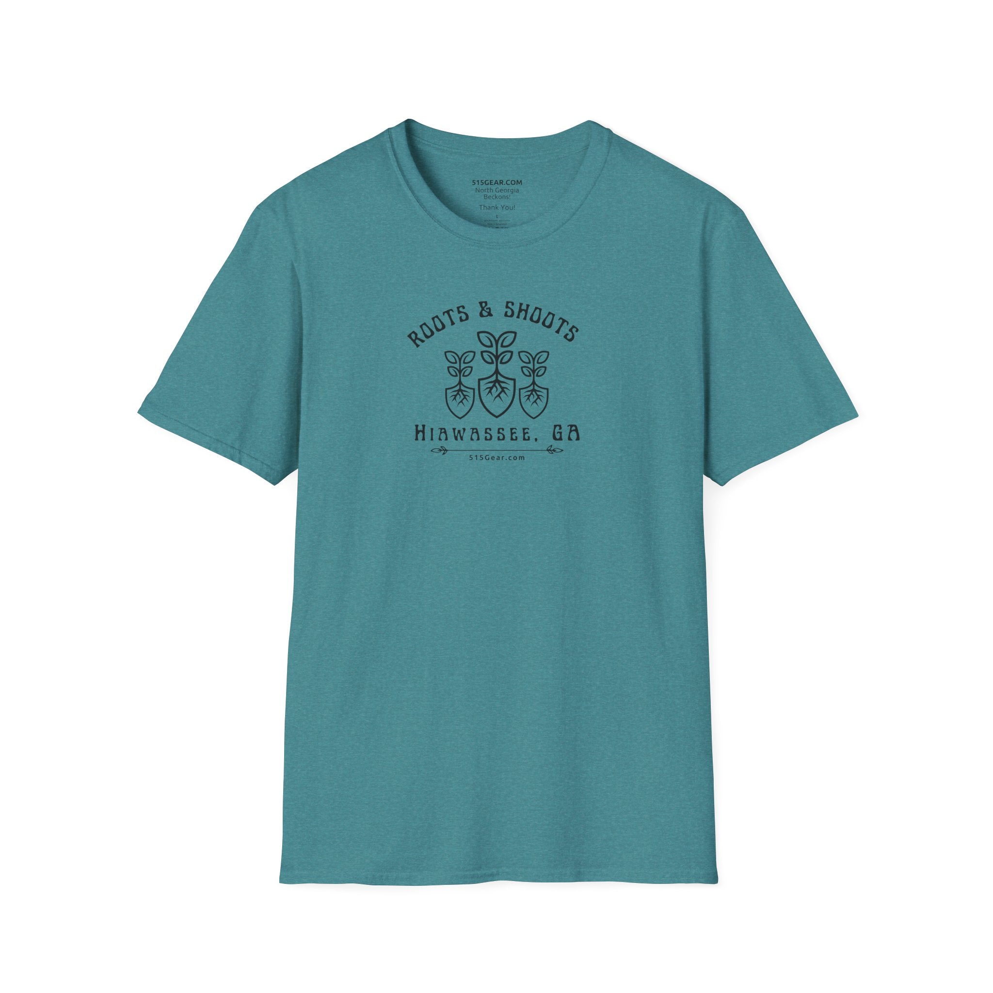 Unisex T-shirt, Roots & Shoots, Garden shovel root leaf graphic, 515Gear.com | Hiawassee, GA | celebrate gardening
