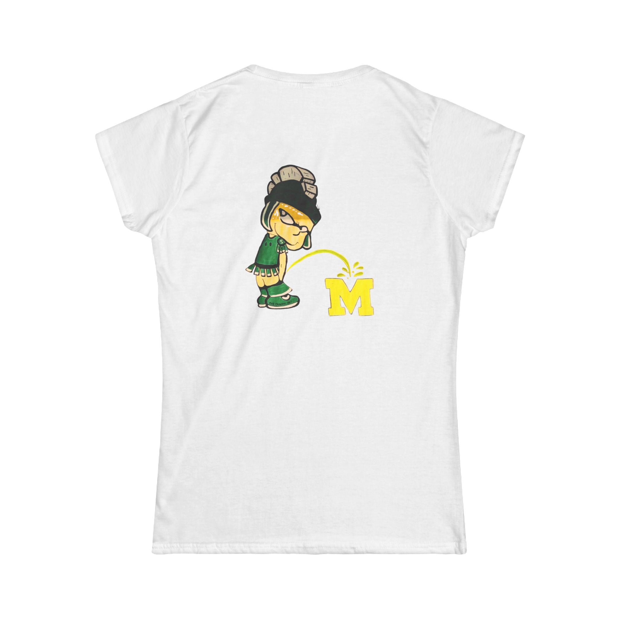 White t-shirt with cartoon Spartan peeing on an 'M' logo