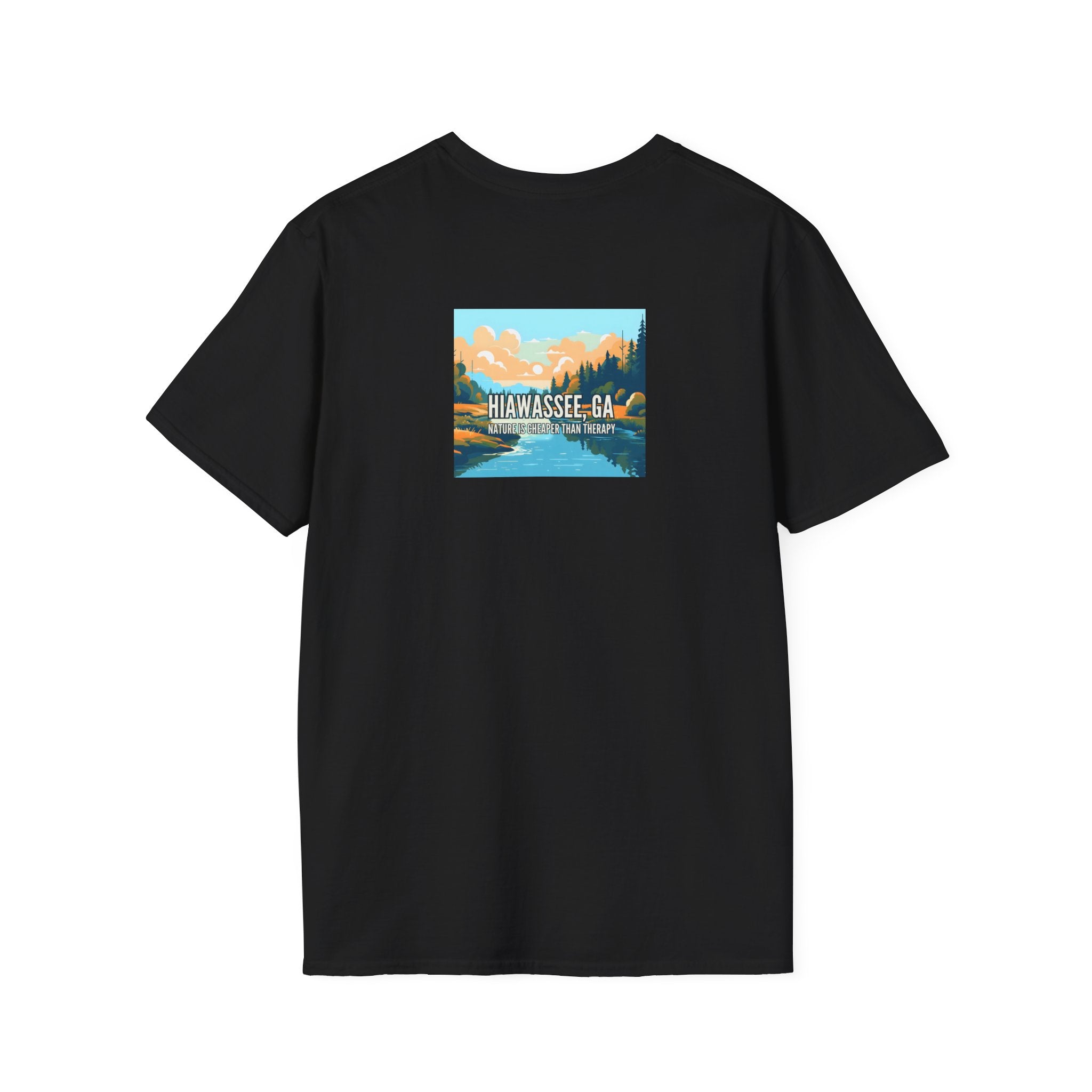 unisex adult T-shirt, Mountain Scene Graphic, by 515Gear.com | Hiawassee, GA | Nature is Cheaper than Therapy