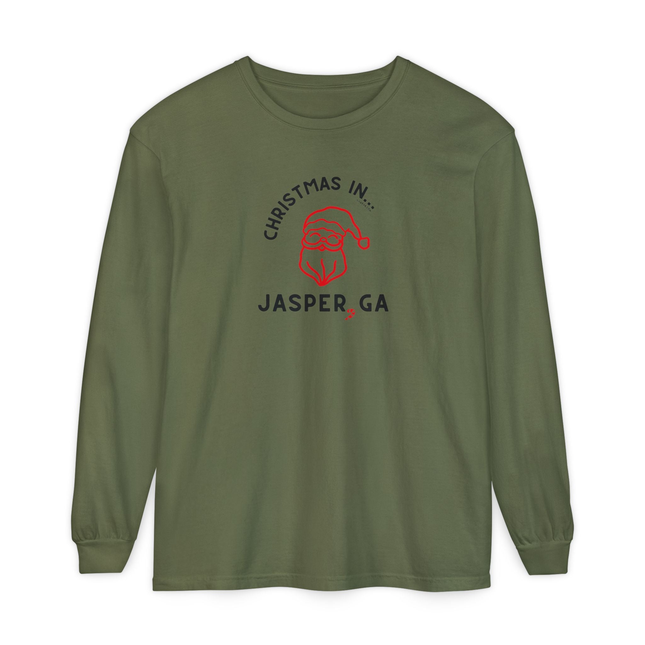 Green long-sleeve shirt with happy Santa and candy cane graphic and text "Christmas in... Jasper, GA"