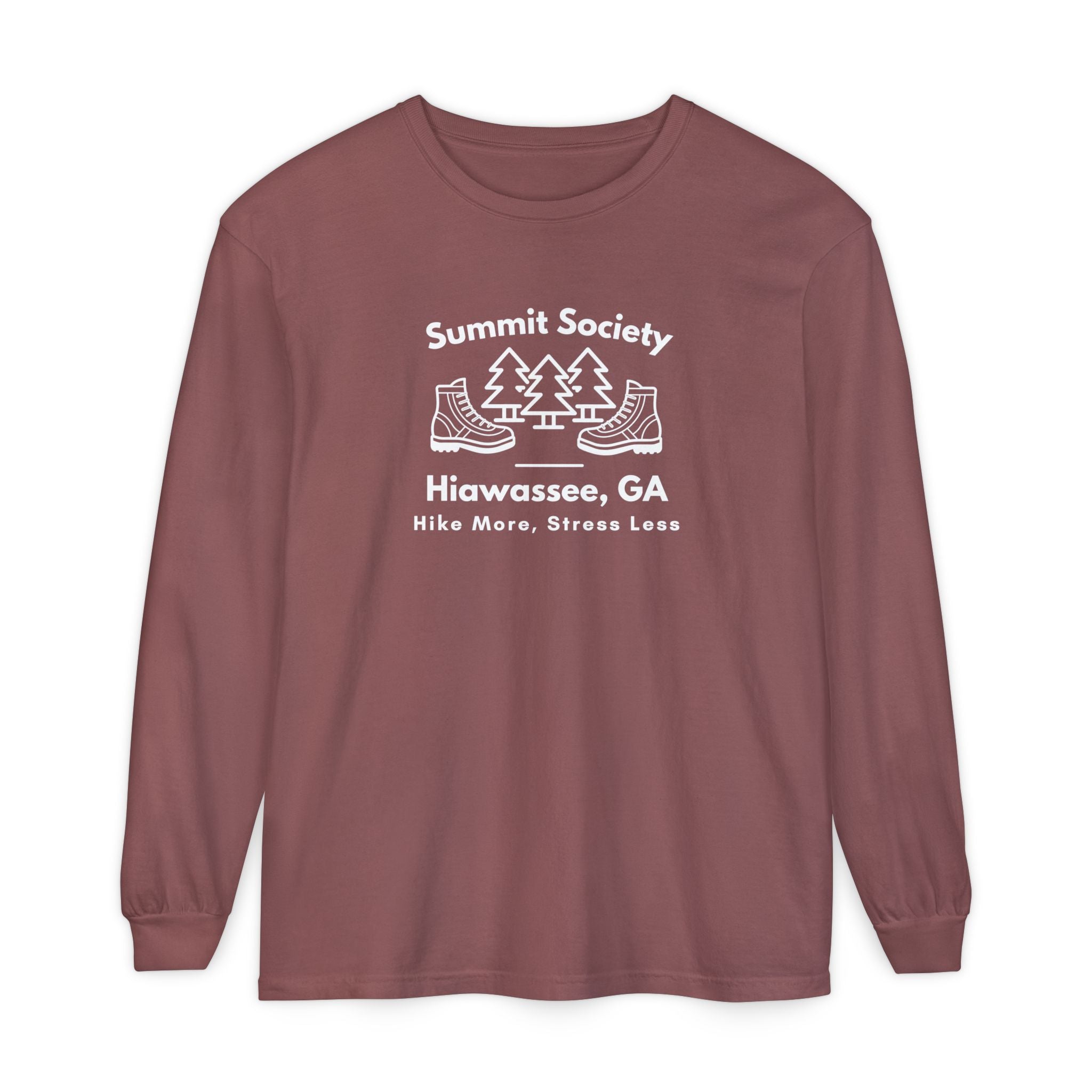 Long-sleeve t-shirt, 'Summit Society Hiawassee, GA Hike More, Stress Less' printed on the front.