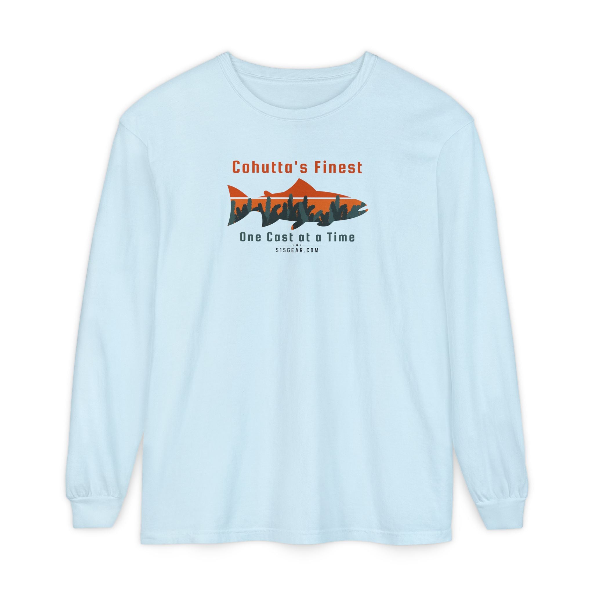 Light Blue long-sleeve shirt with a fishing-themed design saying Cohutta's finest One Cast at a Time by 515Gear.com