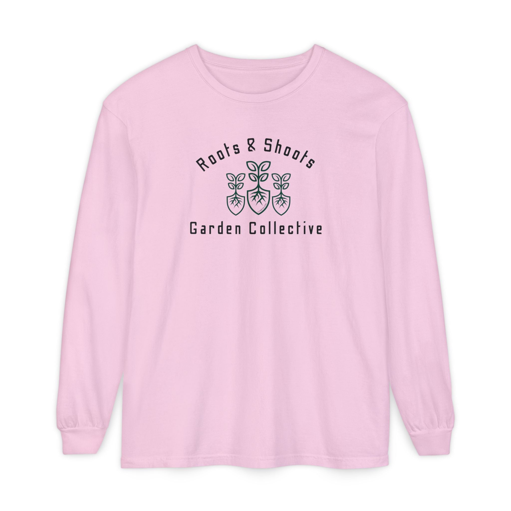 Pink long-sleeve shirt with 'Roots & Shoots Garden Collective' logo on a white background