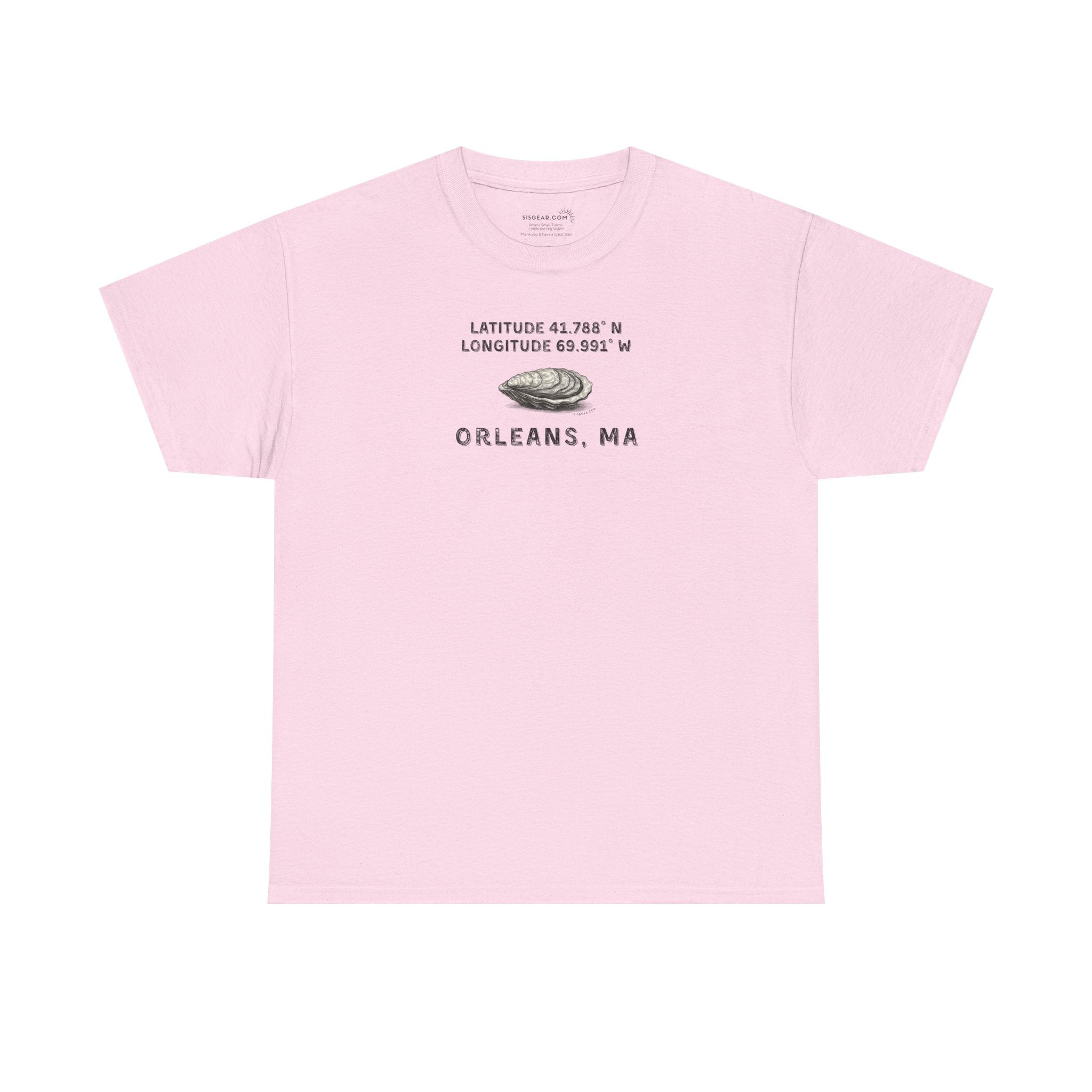 Pink t-shirt with oyster graphic and rustic text "Latitude 41.788 N, Longitude 69.991 W - Orleans, MA"