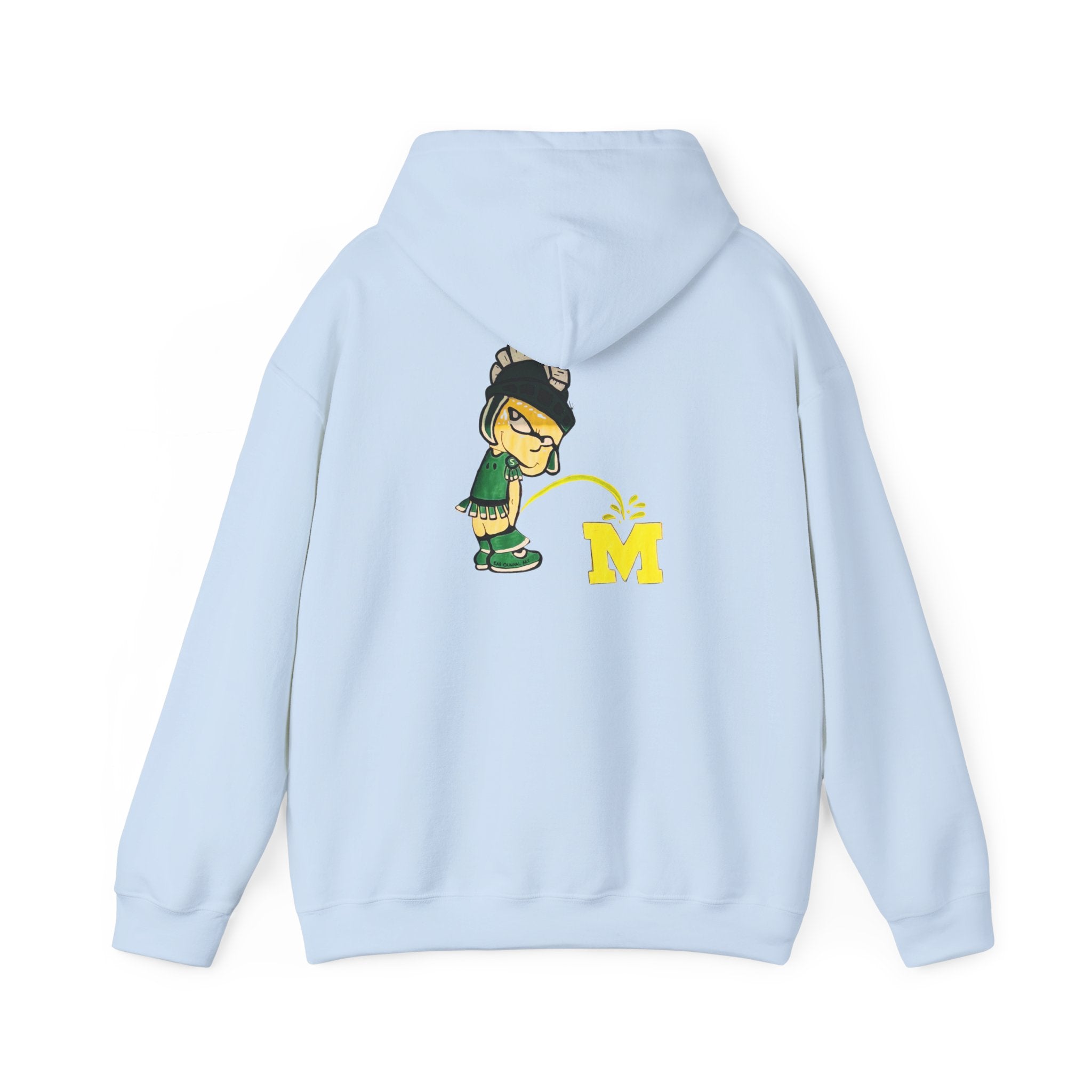 Light blue hoodie with Sparty cartoon character peeing on a block M