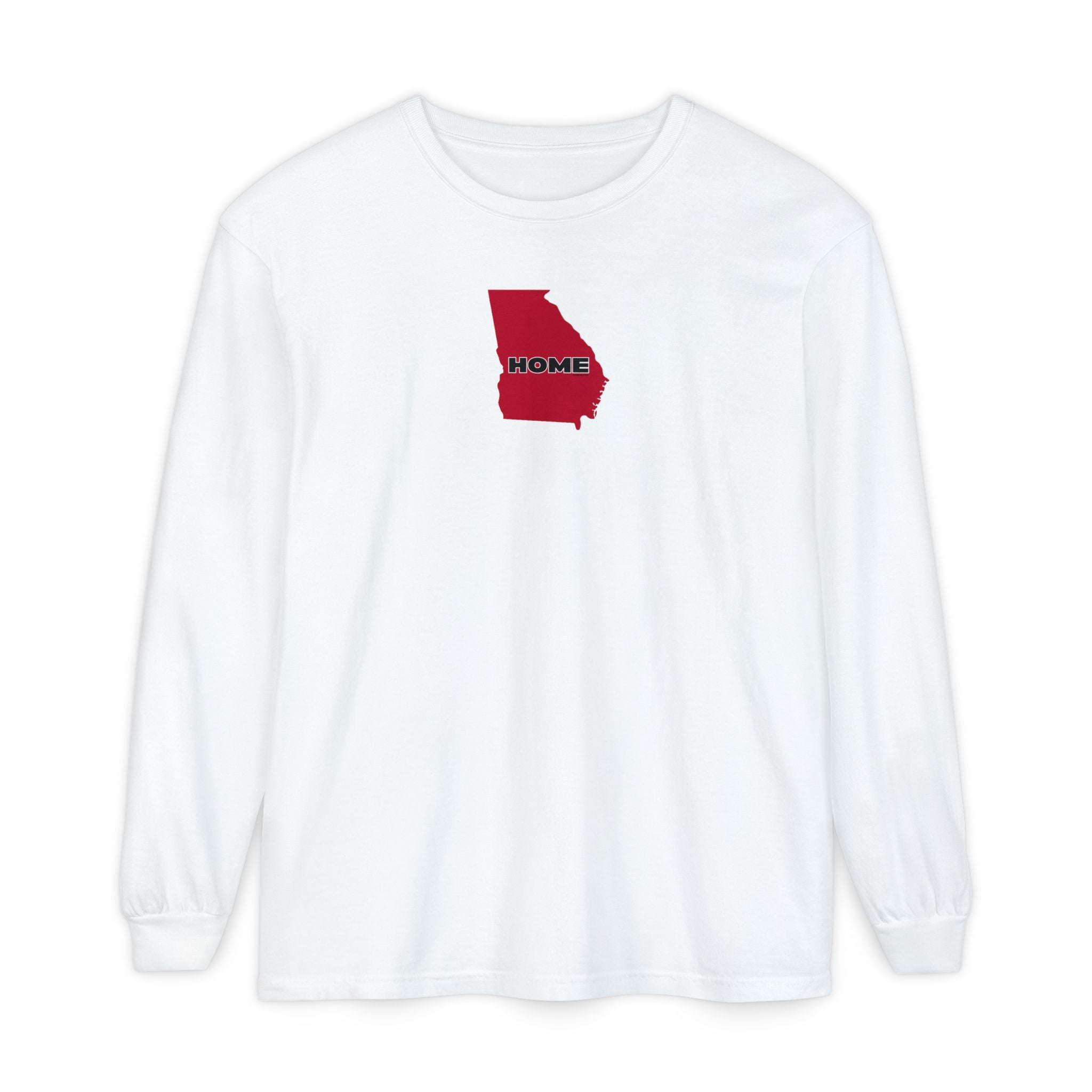 White Comfort Colors unisex heavy weight 100% cotton Georgia pride long-sleeve tee in school colors; State of Georgia graphic with text 'HOME'