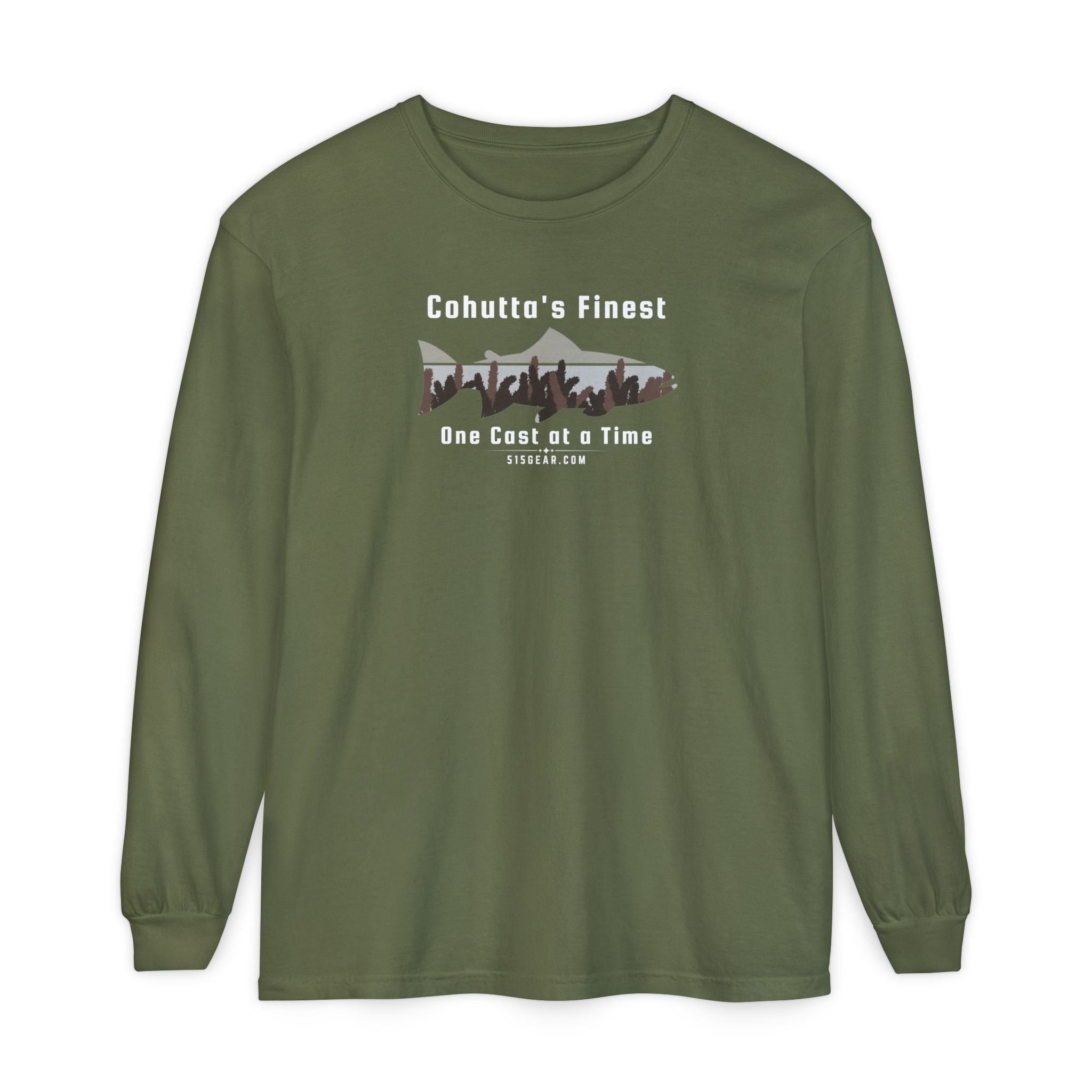 Green long-sleeve shirt with a fishing-themed design saying Cohutta's finest One Cast at a Time by 515Gear.com