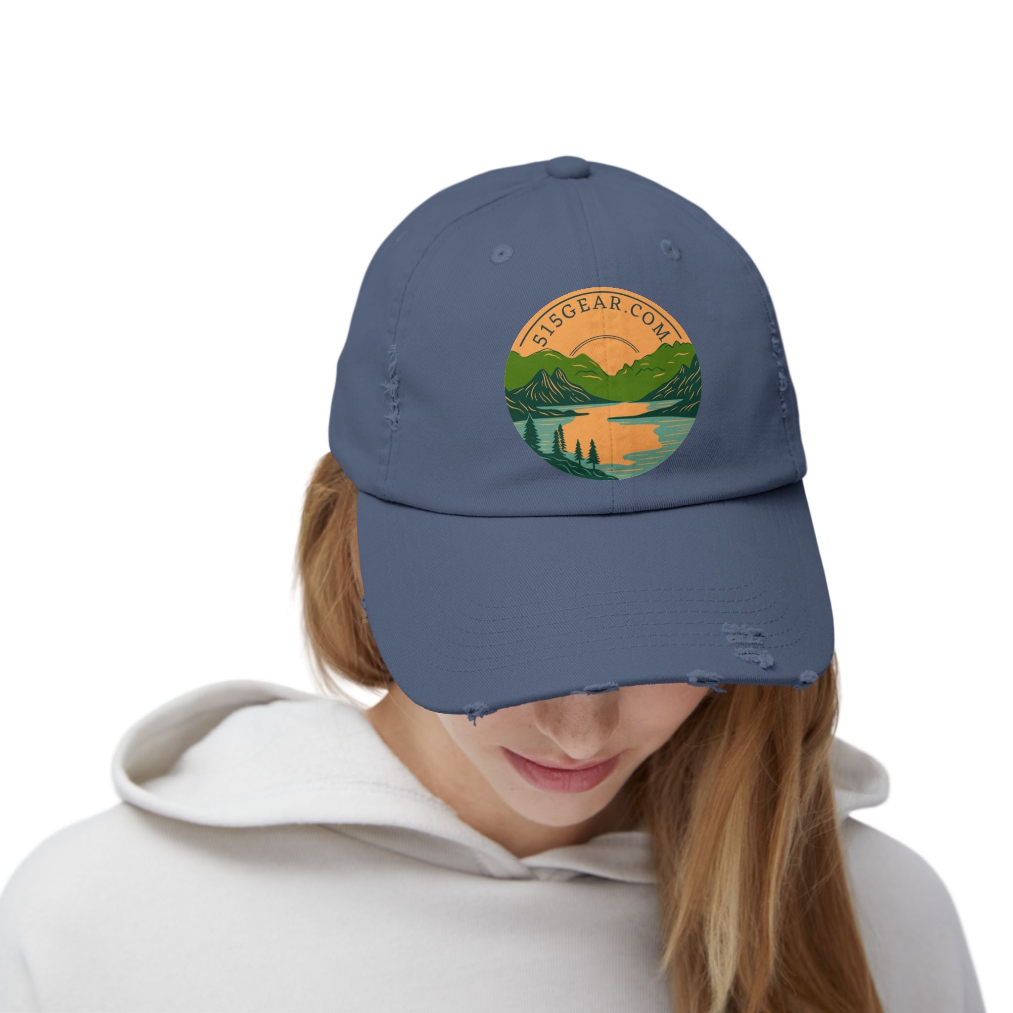 Distressed Baseball cap, 515 Gear Adventure Awaits Logo | by 515Gear.com | Come sit by the lake!