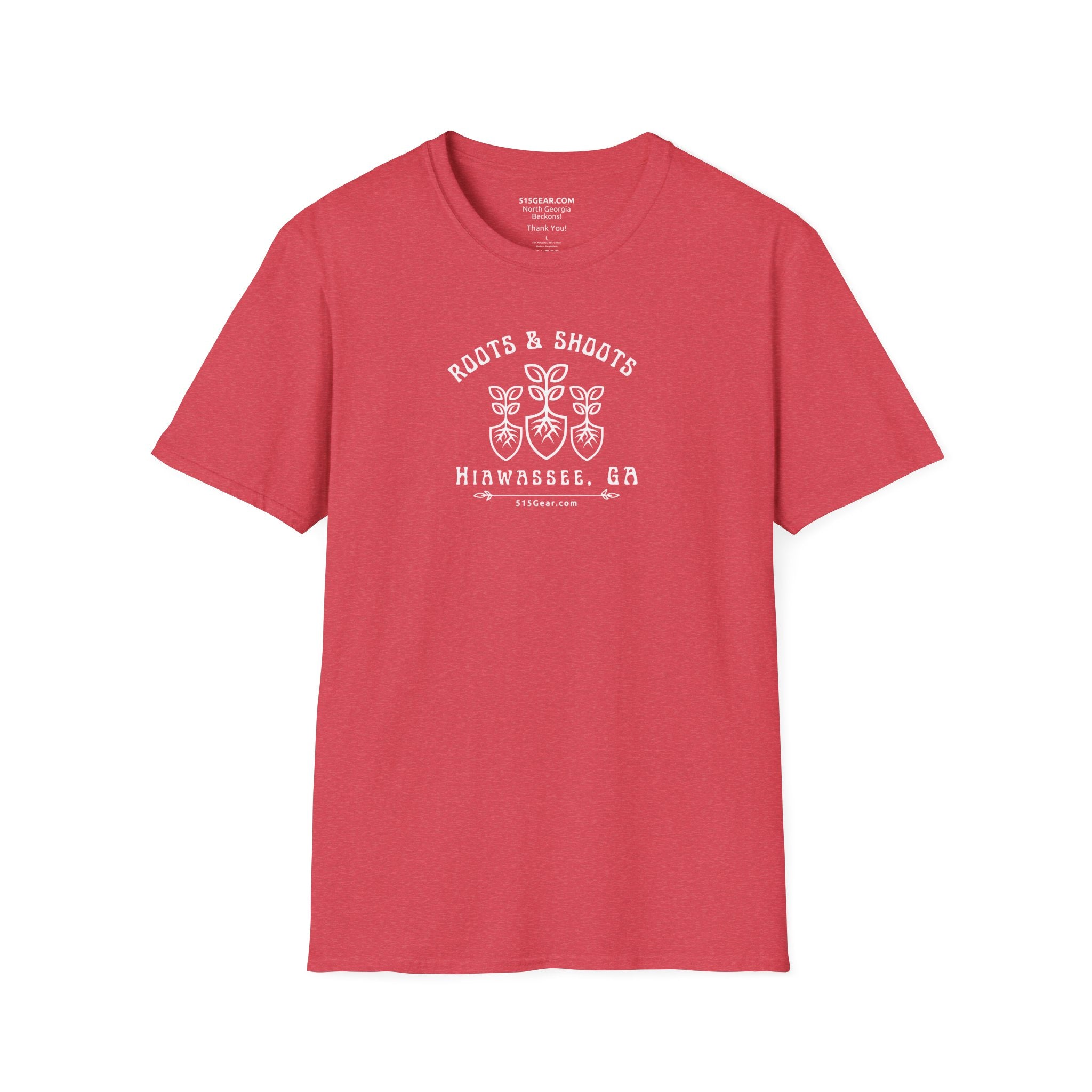 Unisex T-shirt, Roots & Shoots, Garden shovel root leaf graphic, 515Gear.com | Hiawassee, GA | celebrate gardening