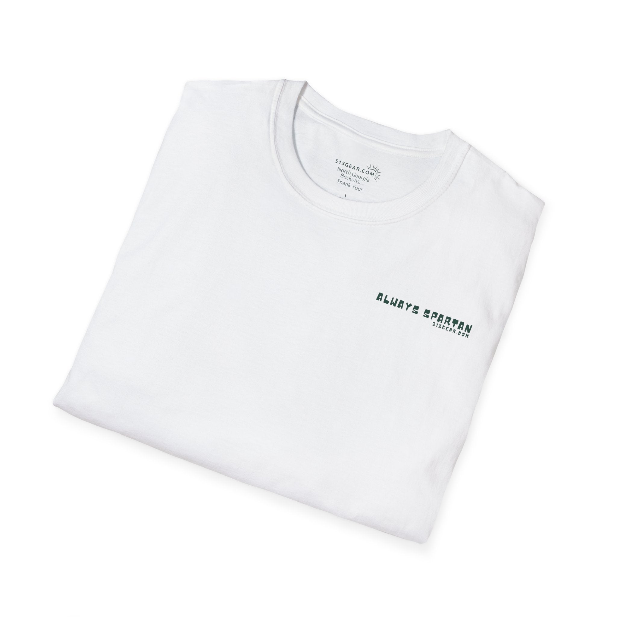 White t-shirt with a small logo on a white background