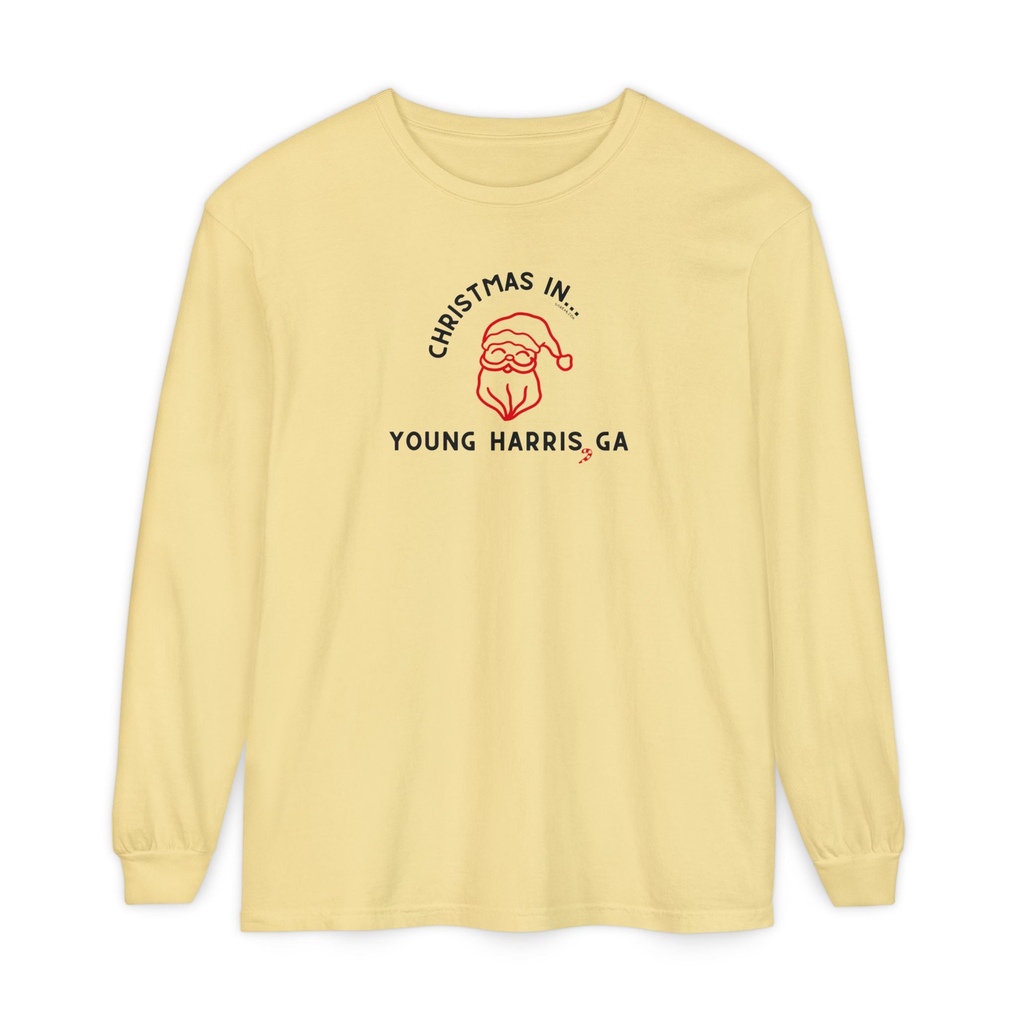 Yellow long-sleeve unisex Comfort Colors t-shirt with Christmas graphic and text "Christmas in Young Harris, GA"
