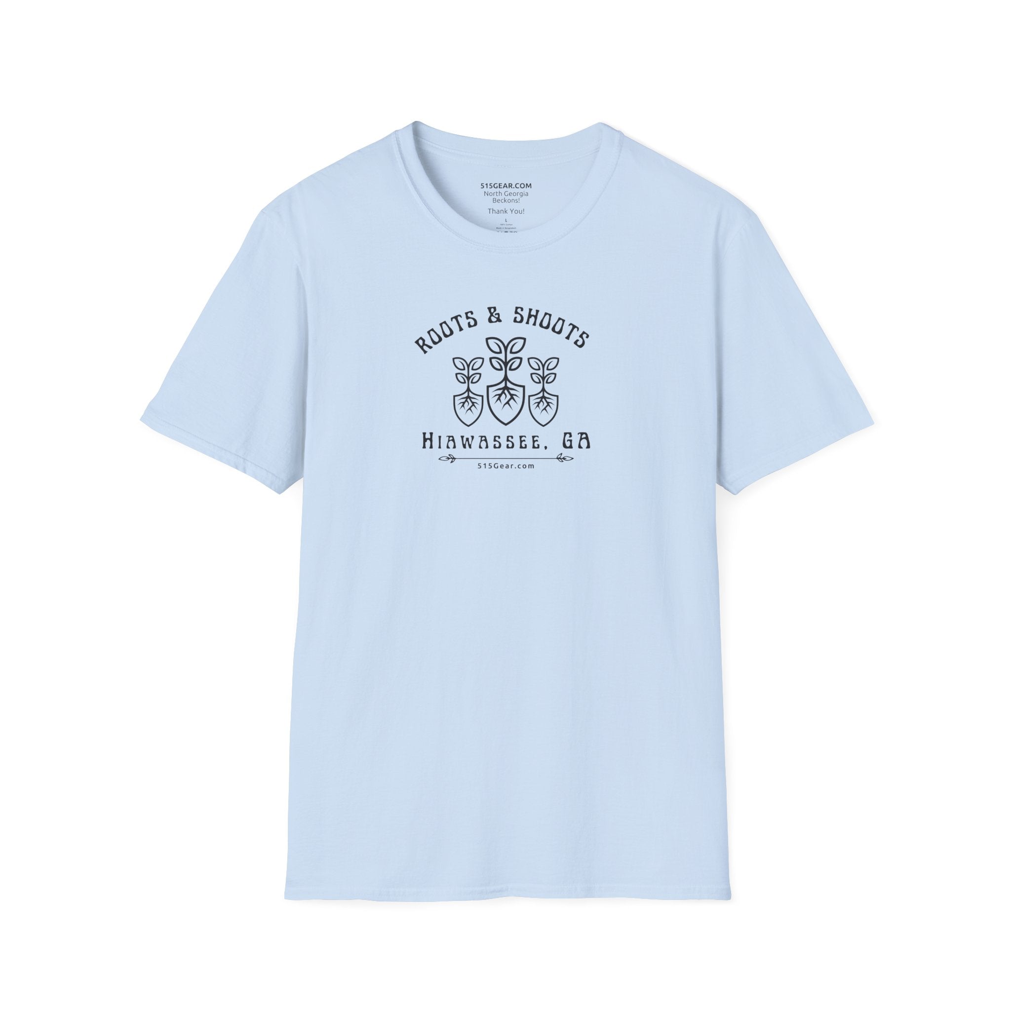 Unisex T-shirt, Roots & Shoots, Garden shovel root leaf graphic, 515Gear.com | Hiawassee, GA | celebrate gardening