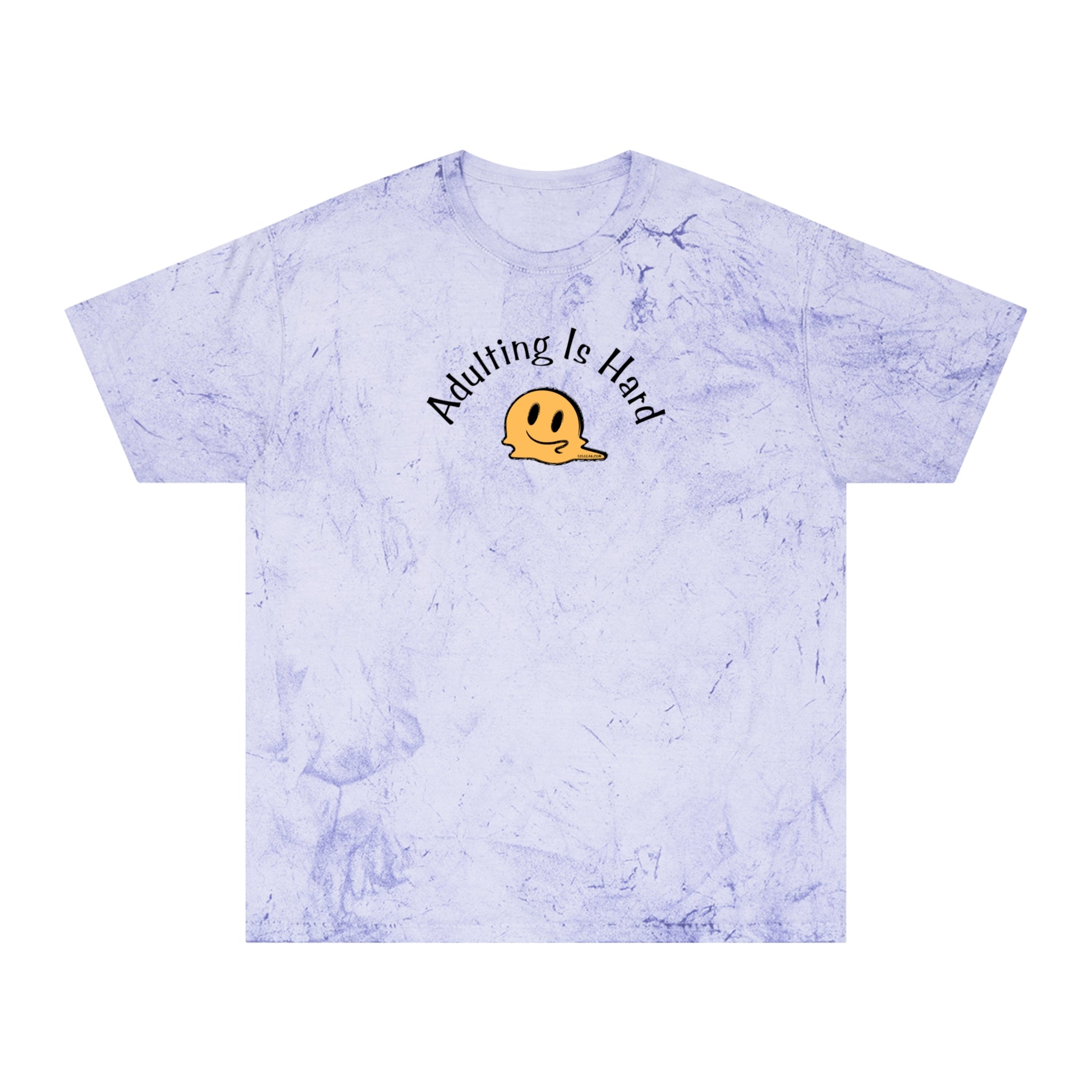 Purple Tie-dye Comfort Colors 1745 unisex color blast t-shirt, 100% ring-spun cotton, with melting smiley face and text "Adulting is Hard"