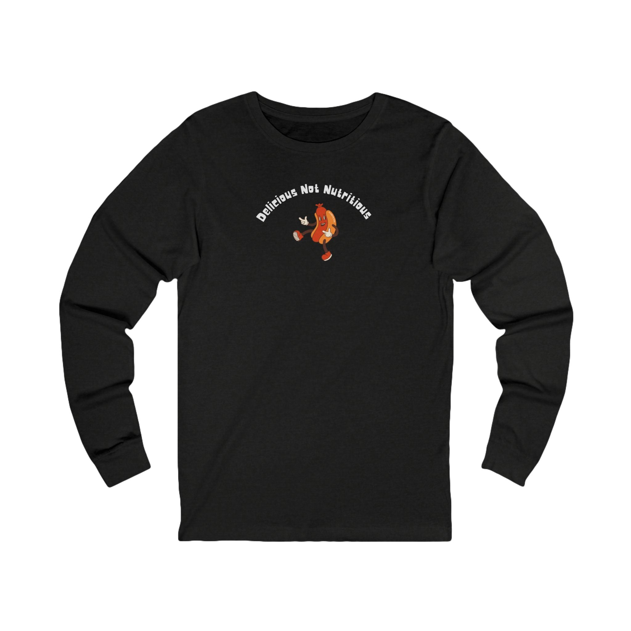Black long-sleeve shirt with a hotdog graphic and text "Delicious Not Nutritious"