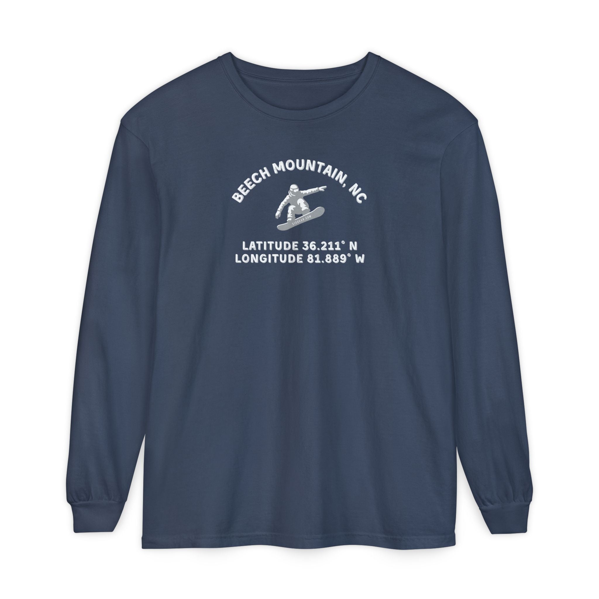 Navy blue long sleeve tee with Snowboarder mid-air and text 'Beech Mountain, NC Latitude 36.211' N Longitude 81.889' W