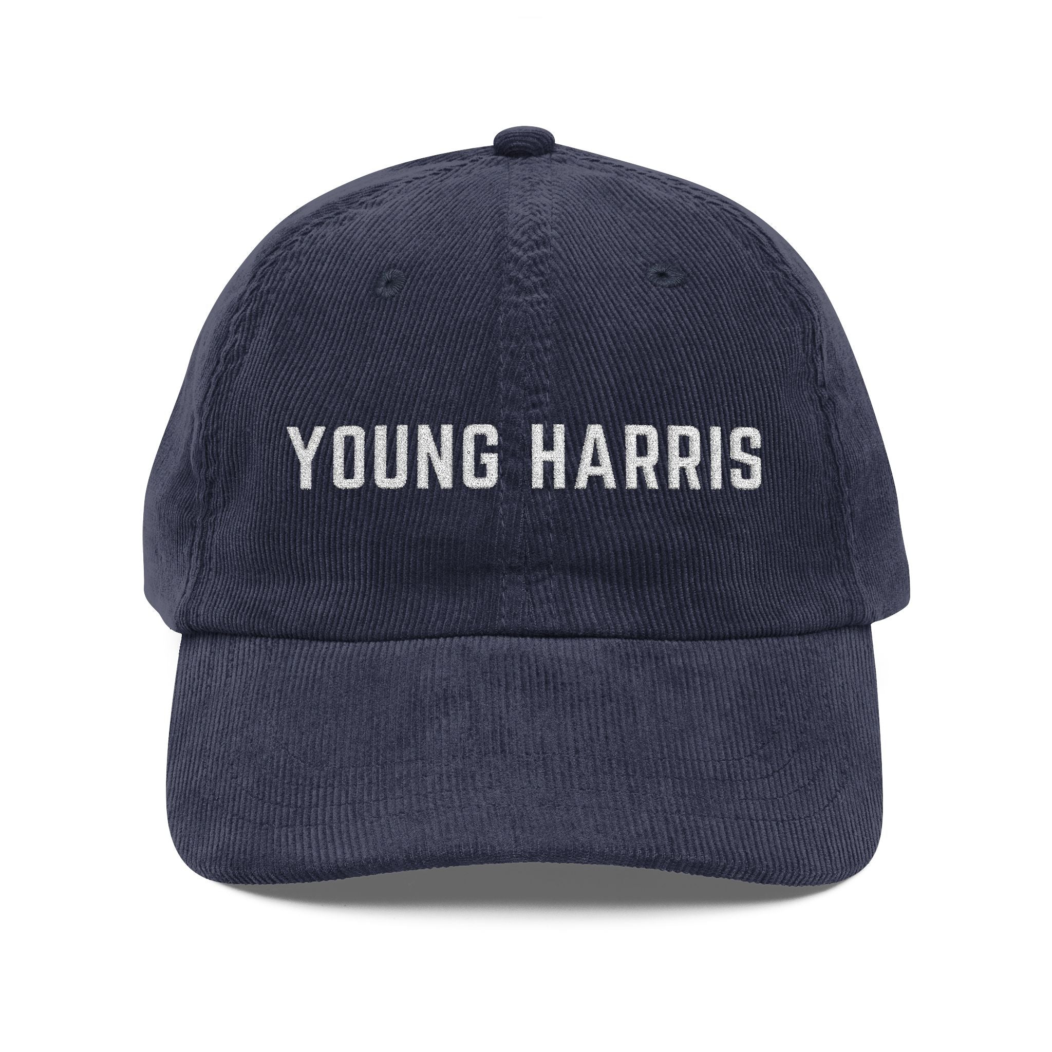 Navy corduroy hat with white 'YOUNG HARRIS' text embroidered by 515Gear.com