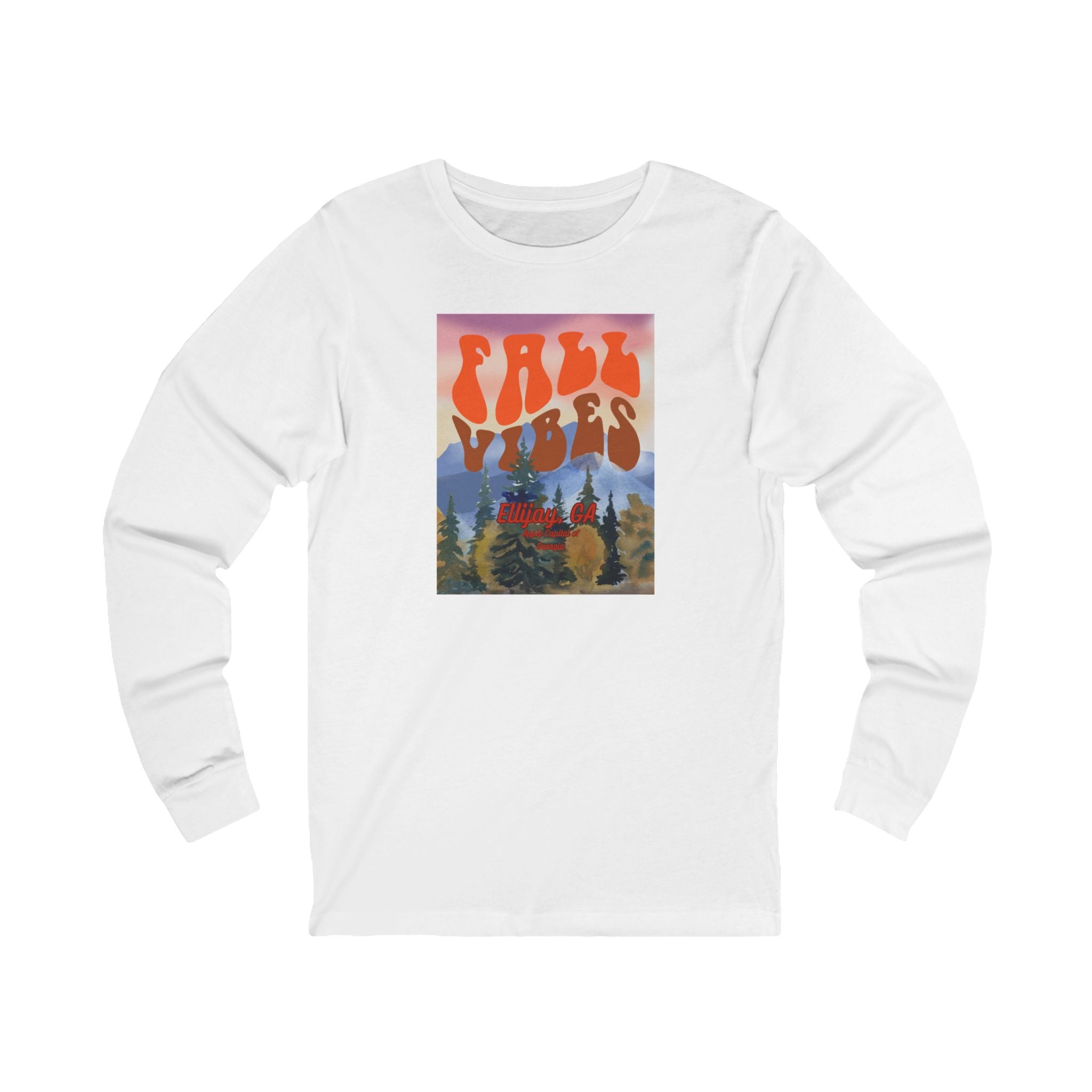 White long-sleeve shirt with outdoors graphic and text 'Fall Vibes Ellijay GA - Apple Capital of Georgia"