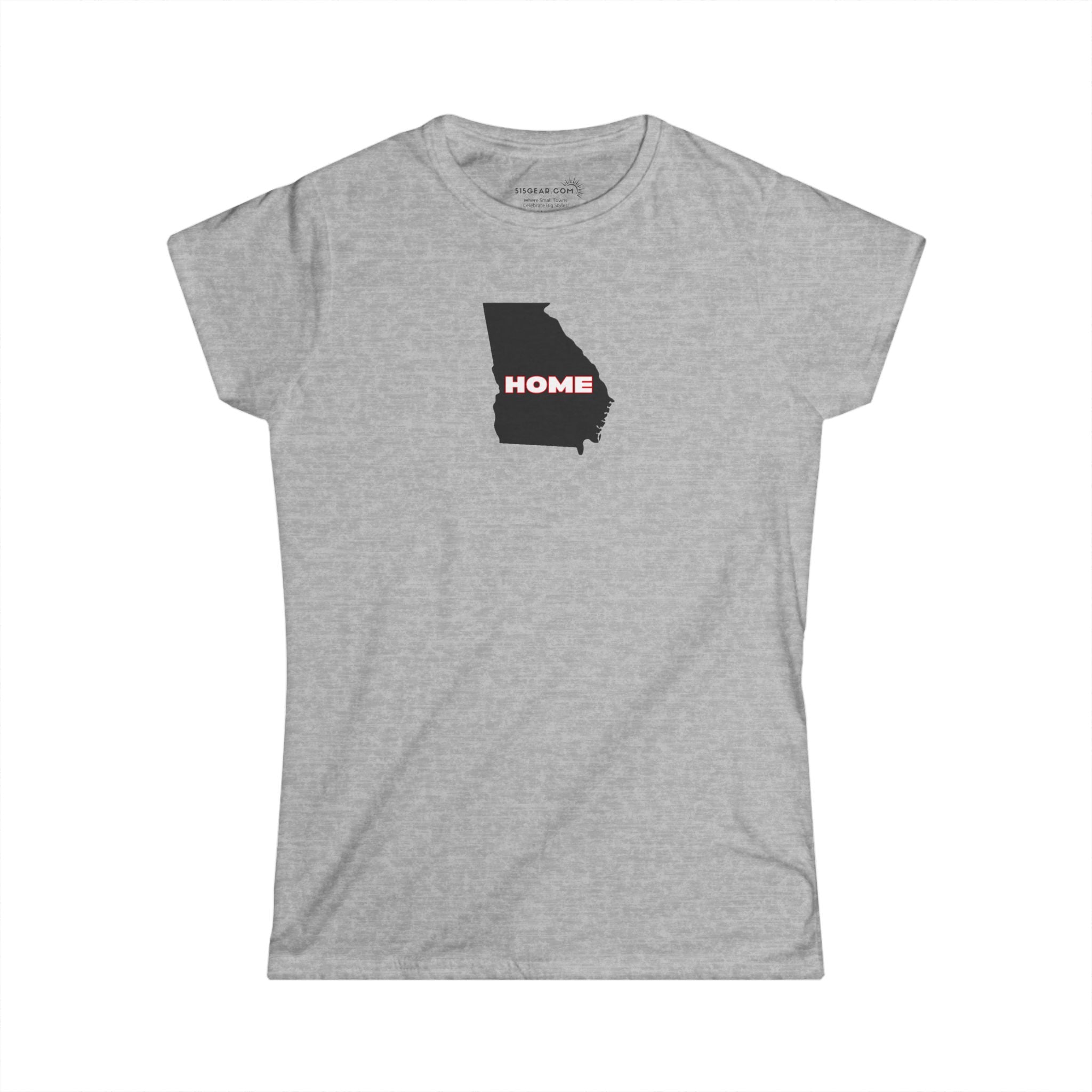 Gray Women's Semi-fitted v-neck Tee, 100% cotton with State of Georgia graphic and text "Home" in Georgia Bulldog colors