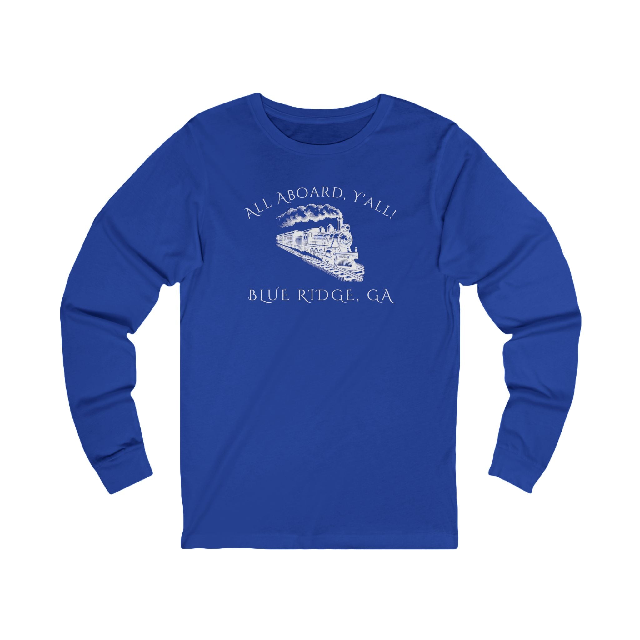 Royal Blue long-sleeve shirt with train graphic and text "All Aboard, Y'all - Blue Ridge, GA"
