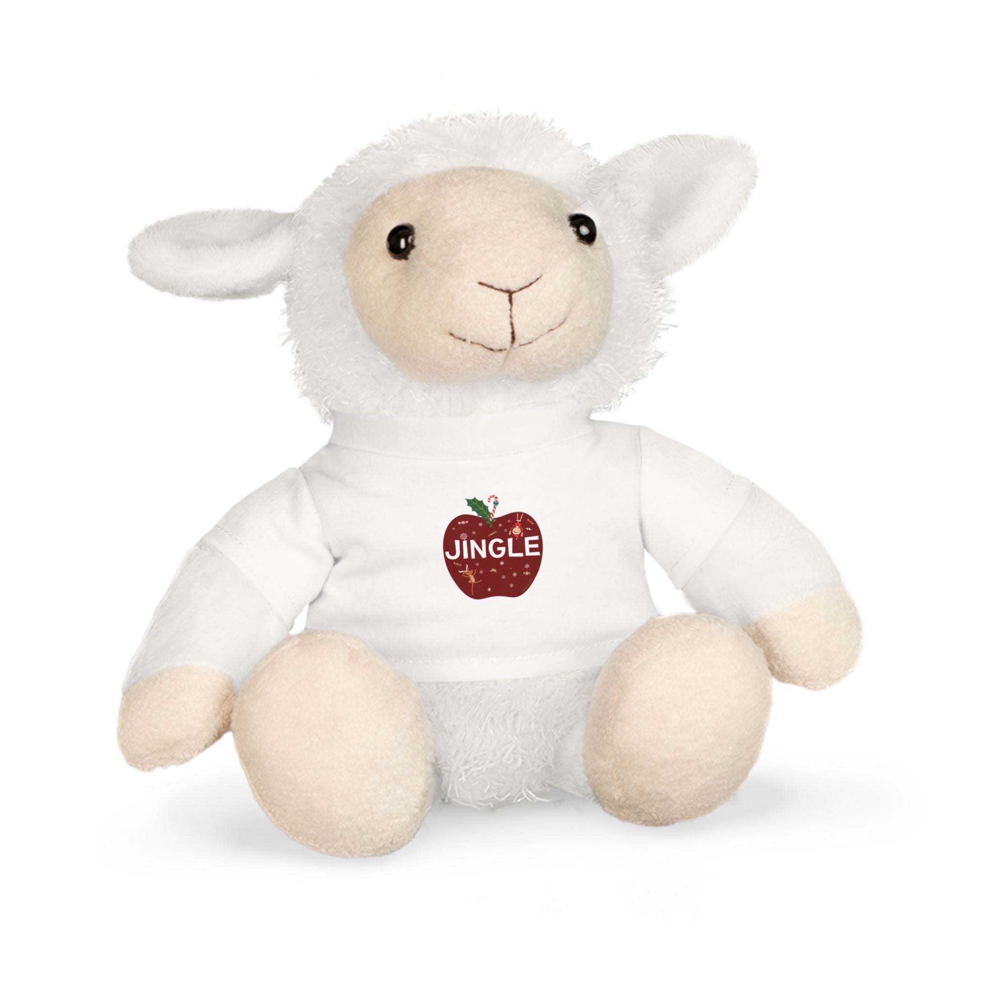 White stuffed lamb toy with 'Jingle' on an apple with a white background