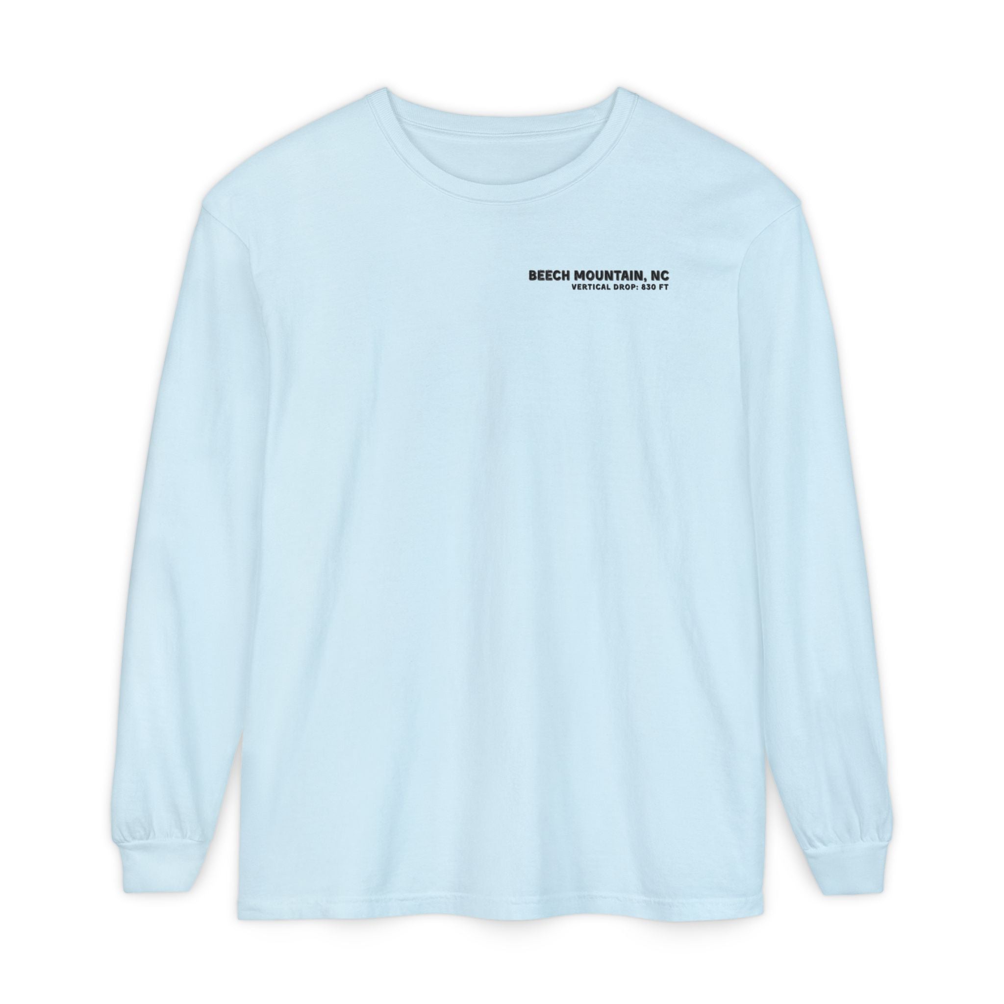Light blue long-sleeve Comfort Color t-shirt with text Beech Mountain NC Vertical Drop 830 ft