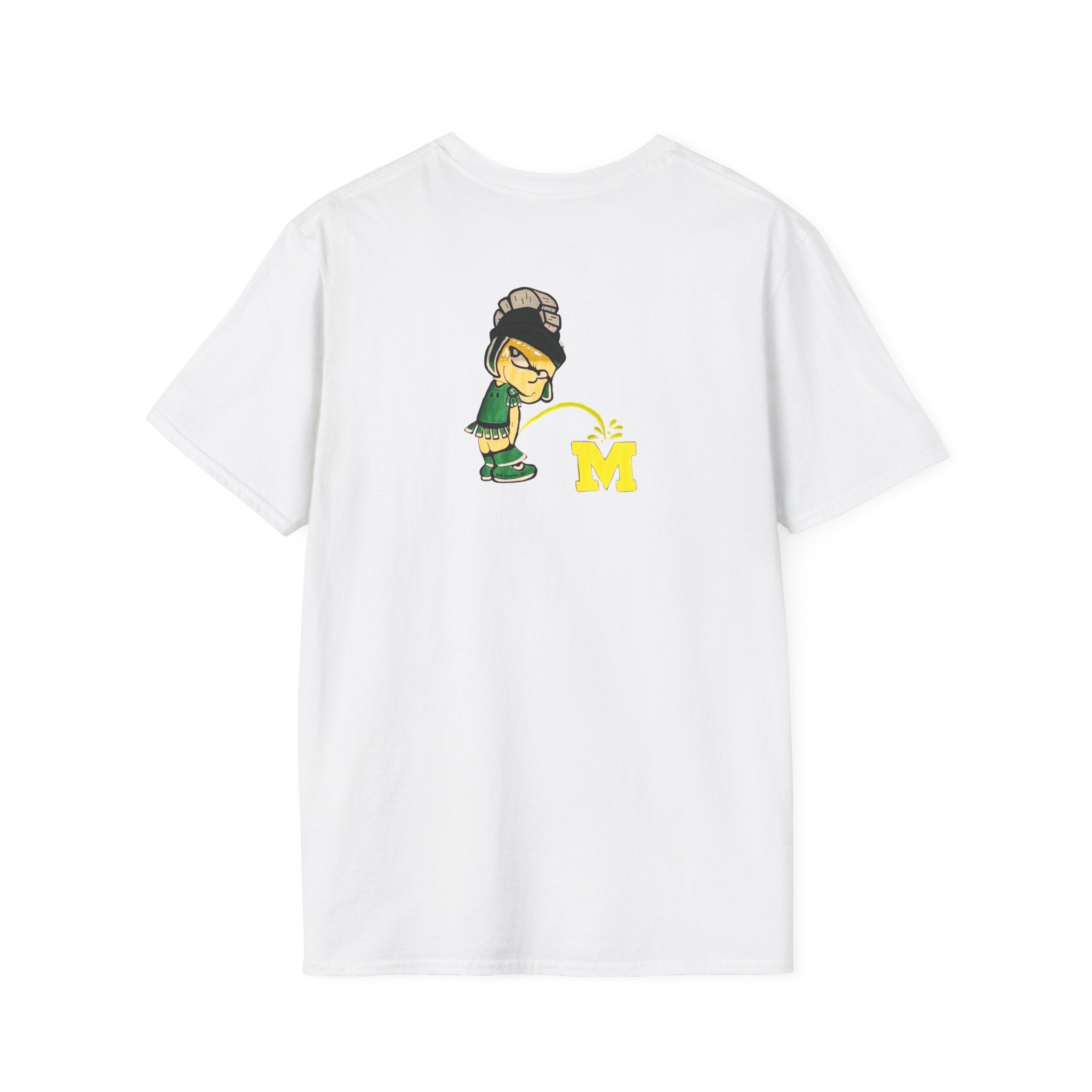 White t-shirt with cartoon Sparty peeing with text Always Spartan