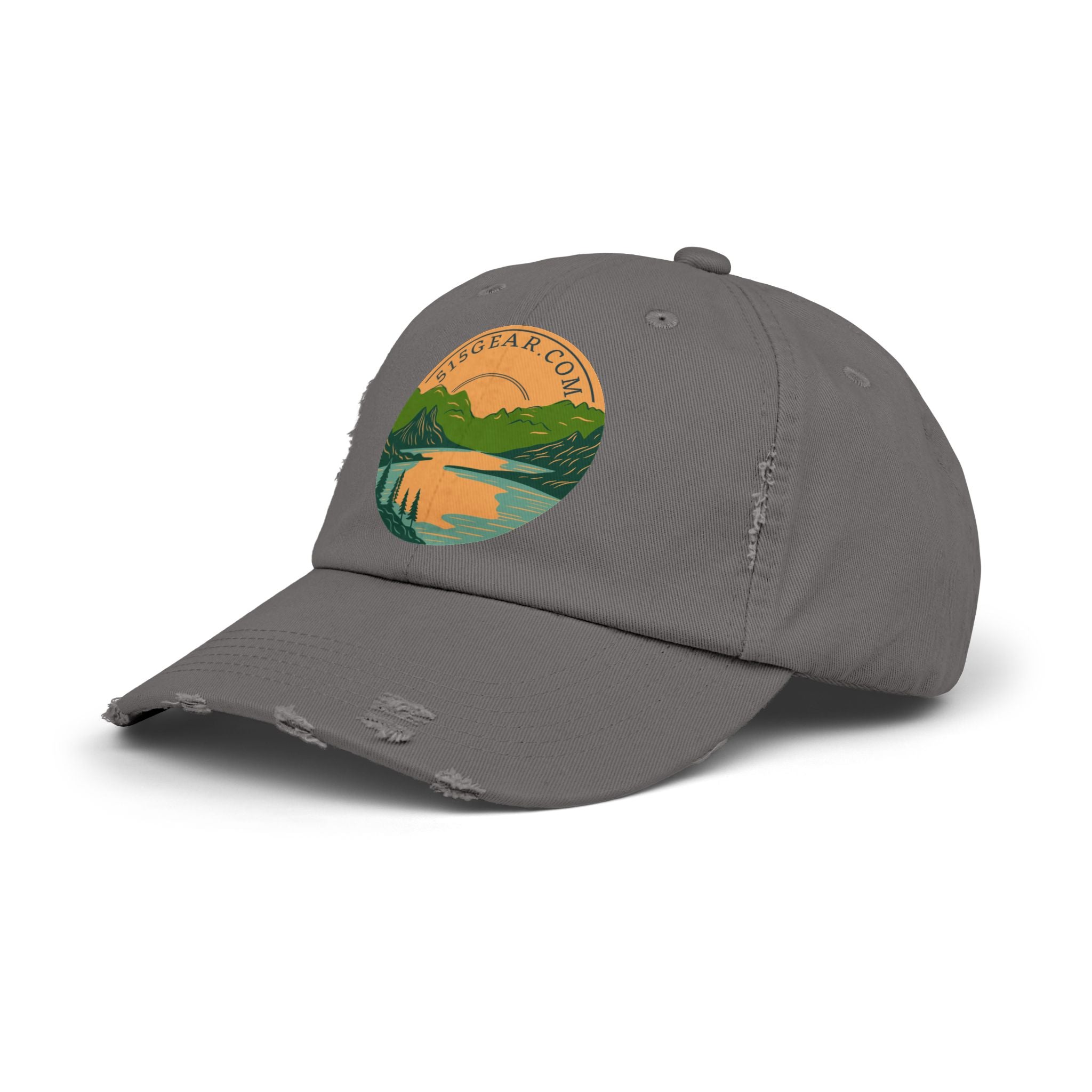 Distressed Baseball cap, 515 Gear Adventure Awaits Logo | by 515Gear.com | Come sit by the lake!